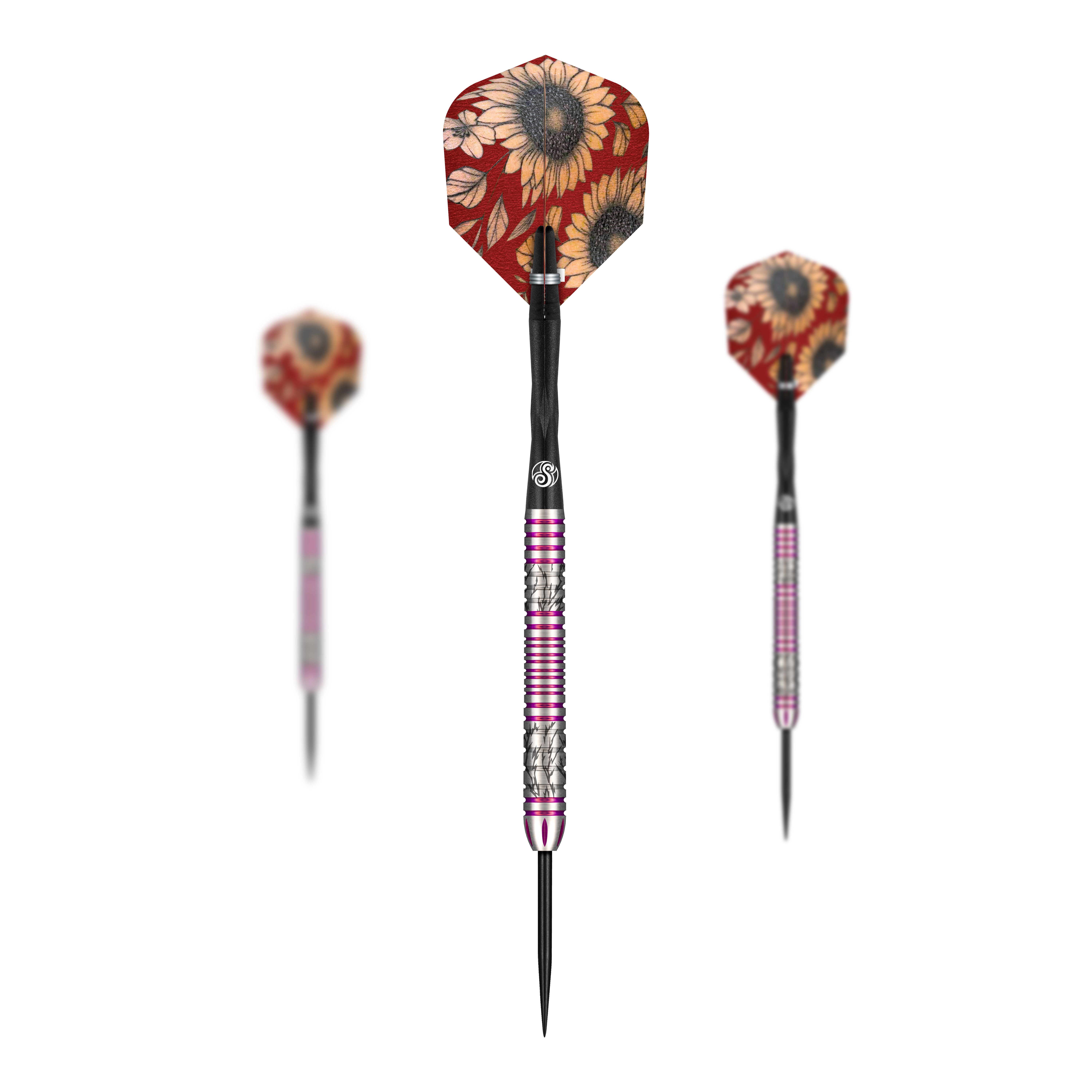 Das Bild zeigt drei Steeldarts der Marke Shot Pro Series Barora Hospodarska mit einem Gewicht von 23g. Die Flights haben ein auffälliges Sonnenblumenmuster auf rotem Hintergrund.