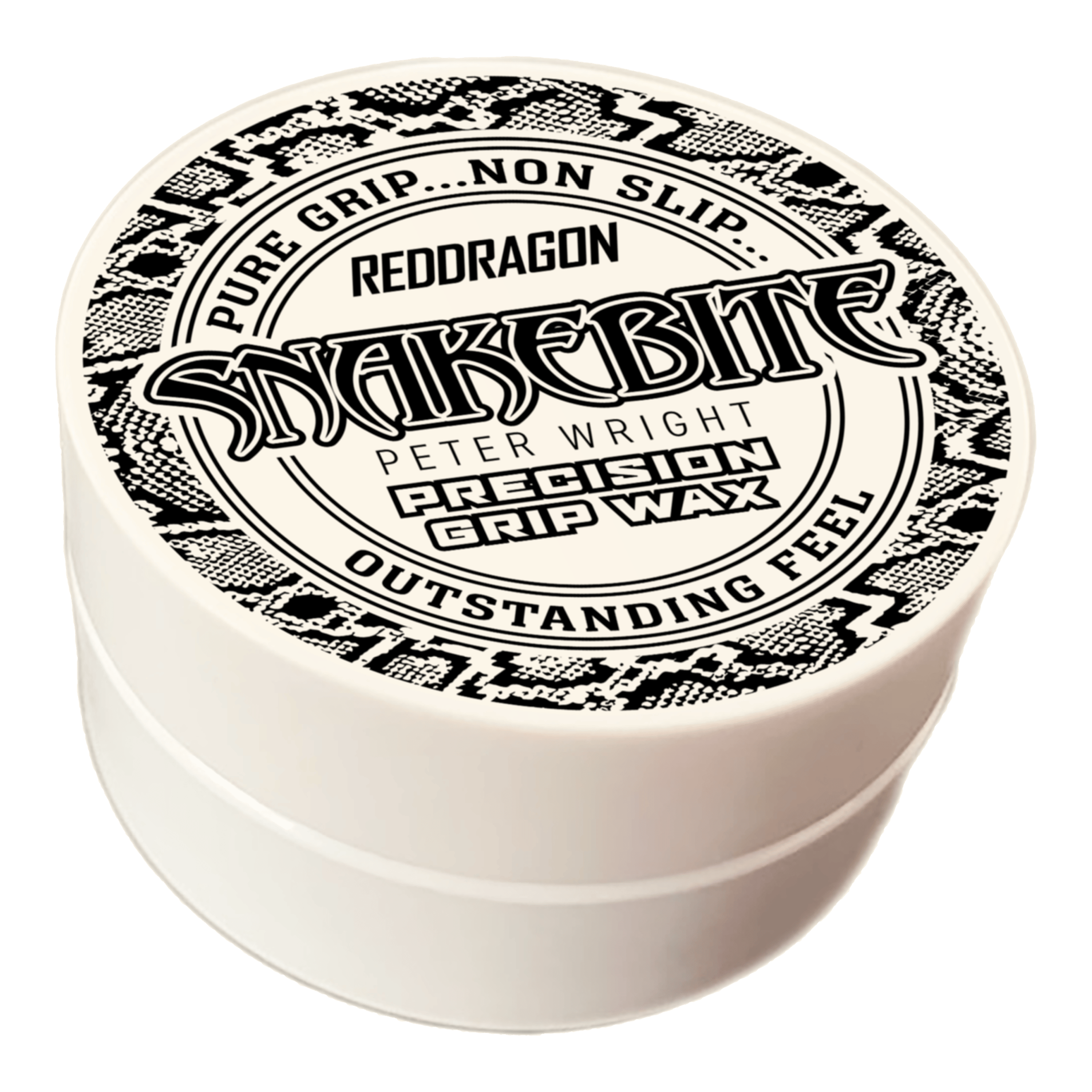 Das Bild zeigt eine runde Dose mit der Aufschrift "Red Dragon Peter Wright Snakebite Precision Grip Wax". Die Verpackung ist weiß mit einem schwarz-weißen Schlangenmuster und betont den festen, griffsicheren Halt.