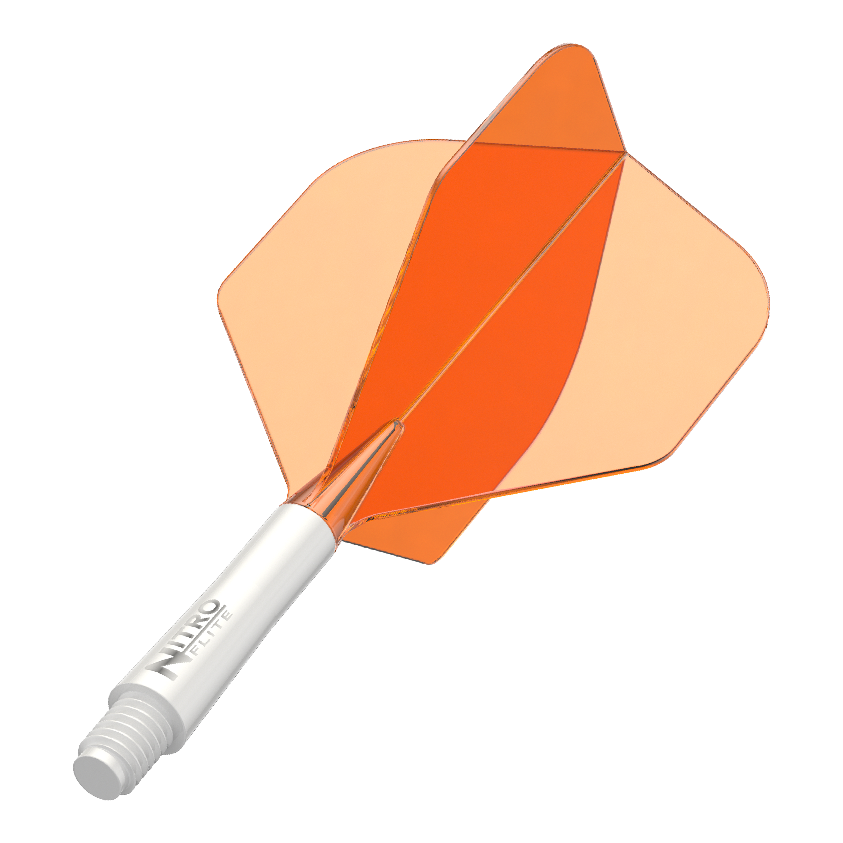 Red Dragon Nitroflite White Shaft Orange Flights No2 Abgebildet ist ein Dart-Schäfte-Set mit weißem Schaft und orangen Flights. Das Produkt scheint ein Red Dragon Nitroflite Modell in kurzer Ausführung zu sein.