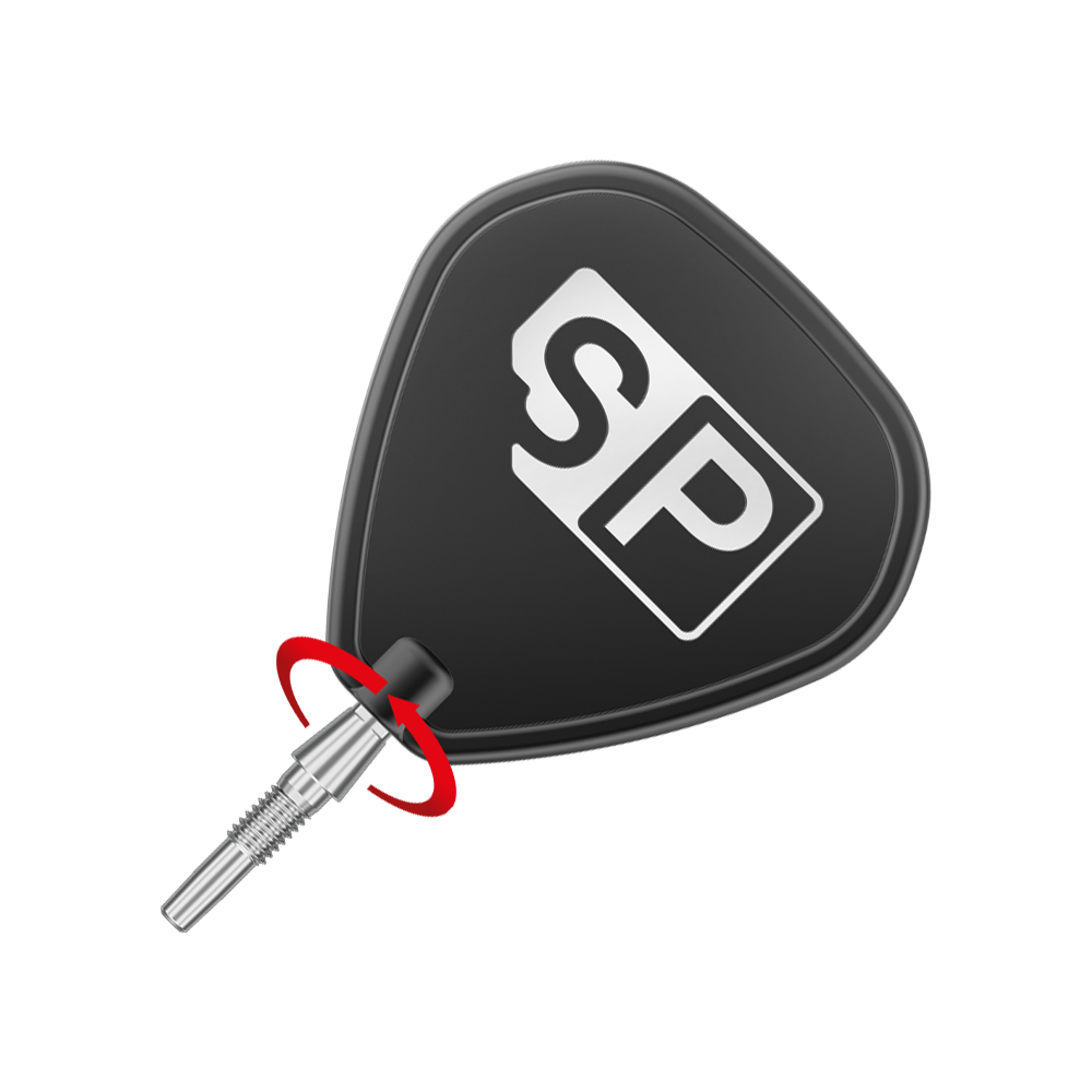 Target Swiss Point Storm Surge steel dart tips - silver Das Bild zeigt eine Dartspitze mit einem schwarzen Flight, auf dem die Buchstaben "SP" abgebildet sind. Ein roter Pfeil deutet auf eine Drehbewegung am Verbindungsstück der Spitze hin.