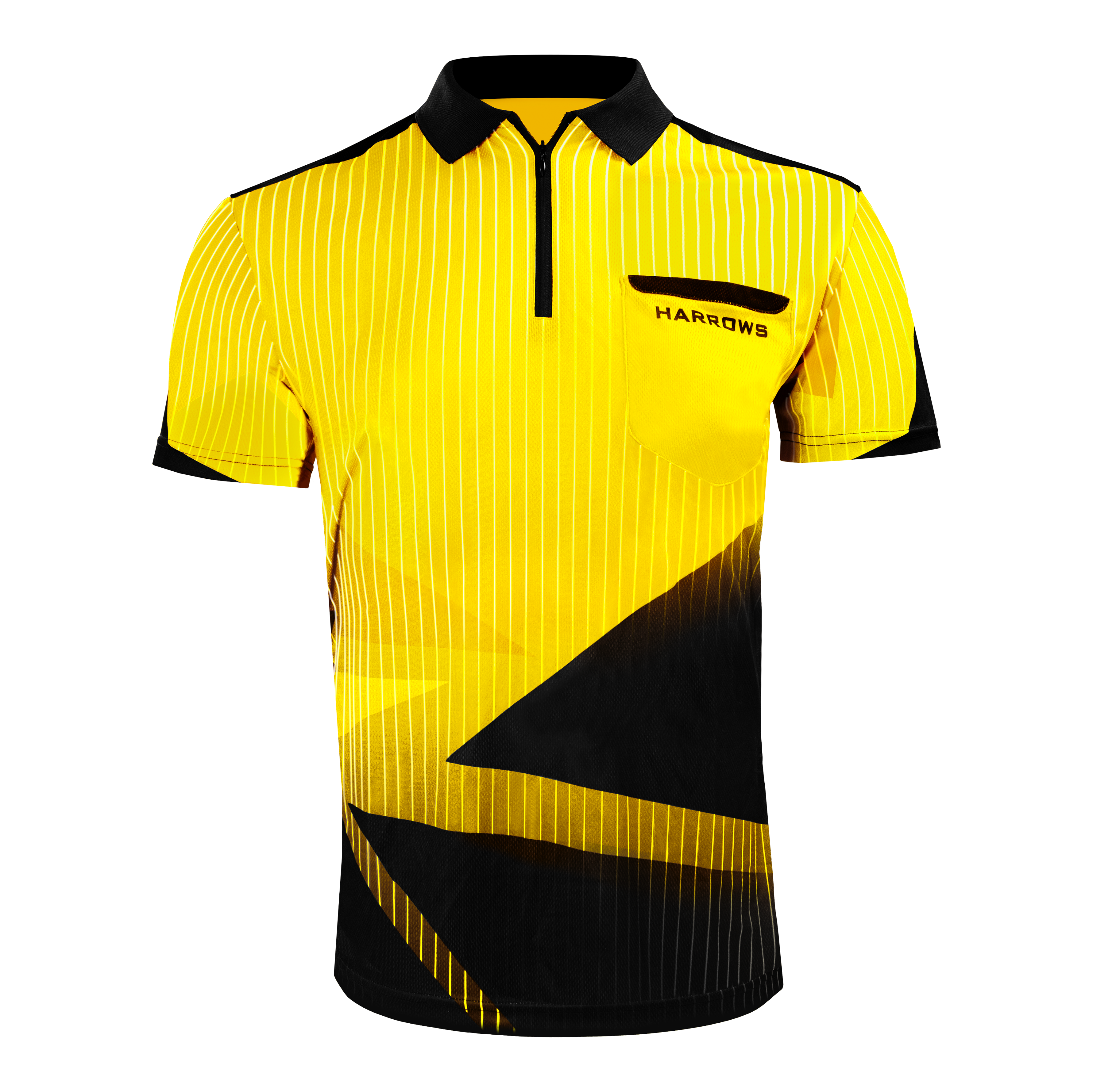 Harrows Shard Dartshirt - Gelb Das Bild zeigt ein gelbes Dartshirt der Marke Harrows mit schwarzen Akzenten und weißem Streifenmuster. Auf der Brust befindet sich ein schwarzes Logo mit dem Schriftzug "HARROWS".
