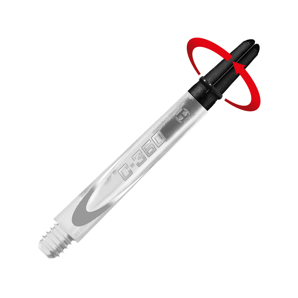 HR448_Harrows_Carbon_360_Shafts_Clear_49mm_2_Symbol Das Bild zeigt einen transparenten Dart-Schaft mit der Aufschrift "C-360". Der obere Teil des Schafts ist schwarz und hebt sich vor einem roten Hintergrund ab.