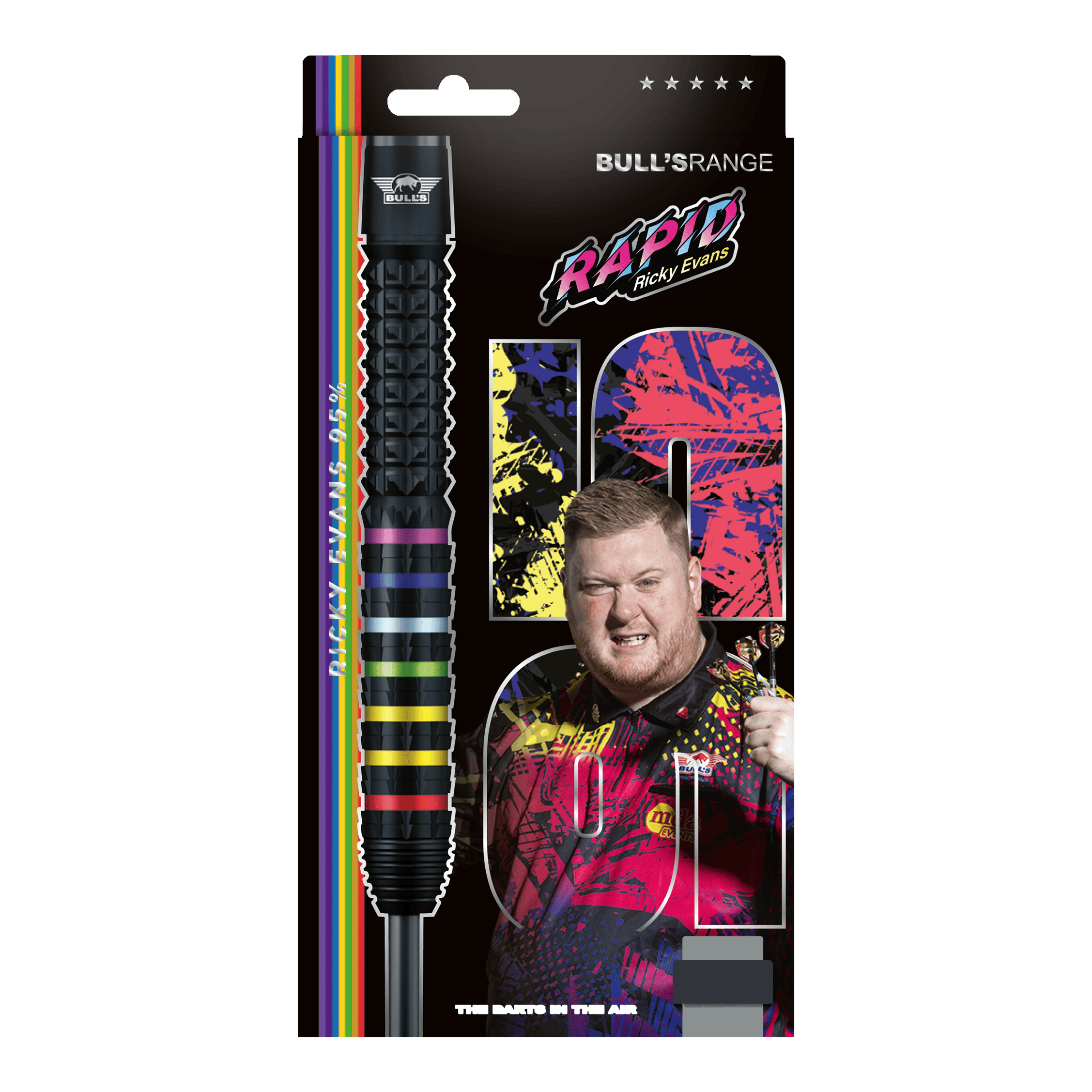 Das Foto zeigt die Bulls NL Ricky Evans Rapid 95 Steeldarts in der 23g-Ausführung. Die Darts werden aus einer anderen Perspektive dargestellt.