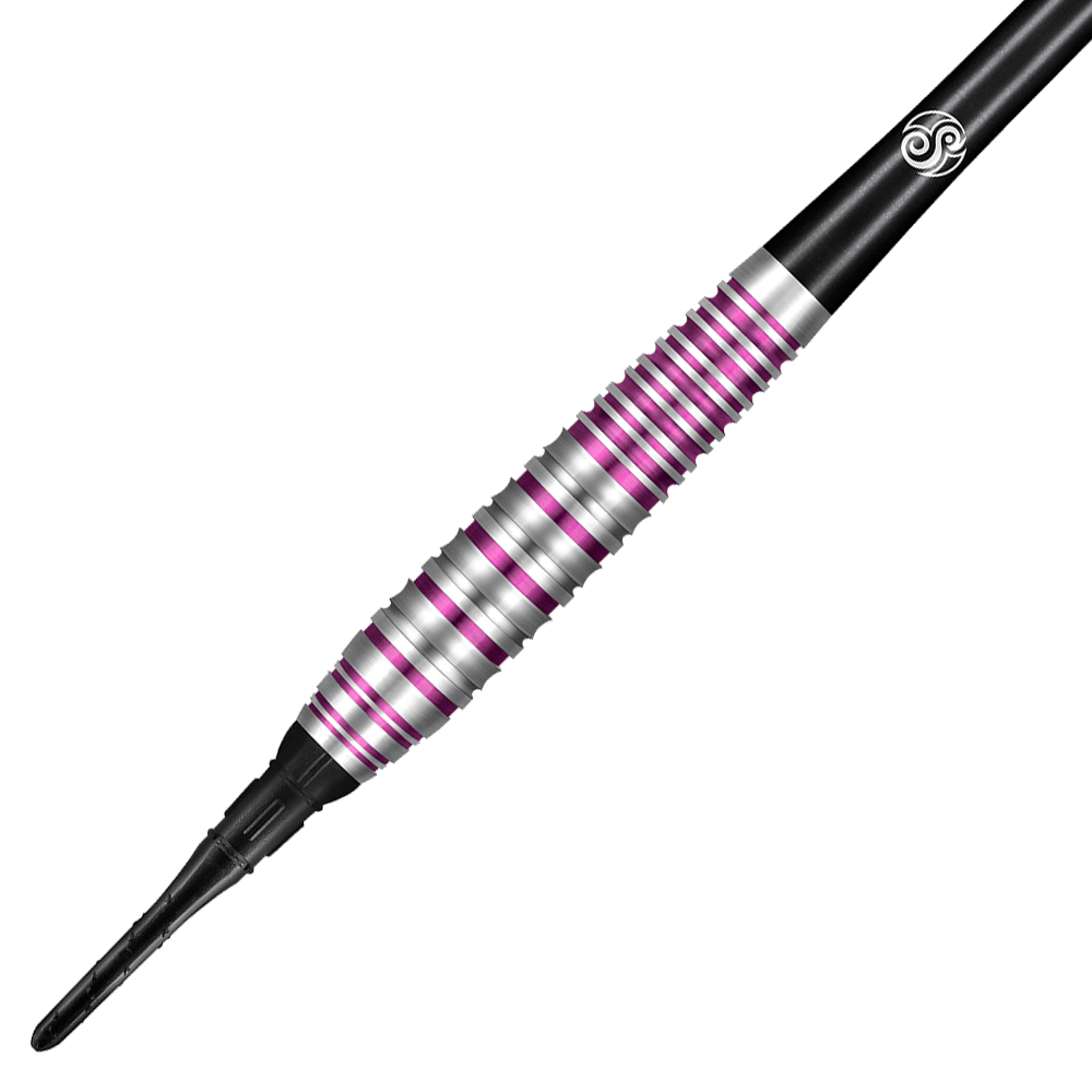 67149_Shot_ZEN_Juji_Softdarts_2 Das Bild zeigt einen Shot ZEN Juji Softdart. Der Dartpfeil hat silberne und lilafarbene Rillen sowie schwarze Elemente.