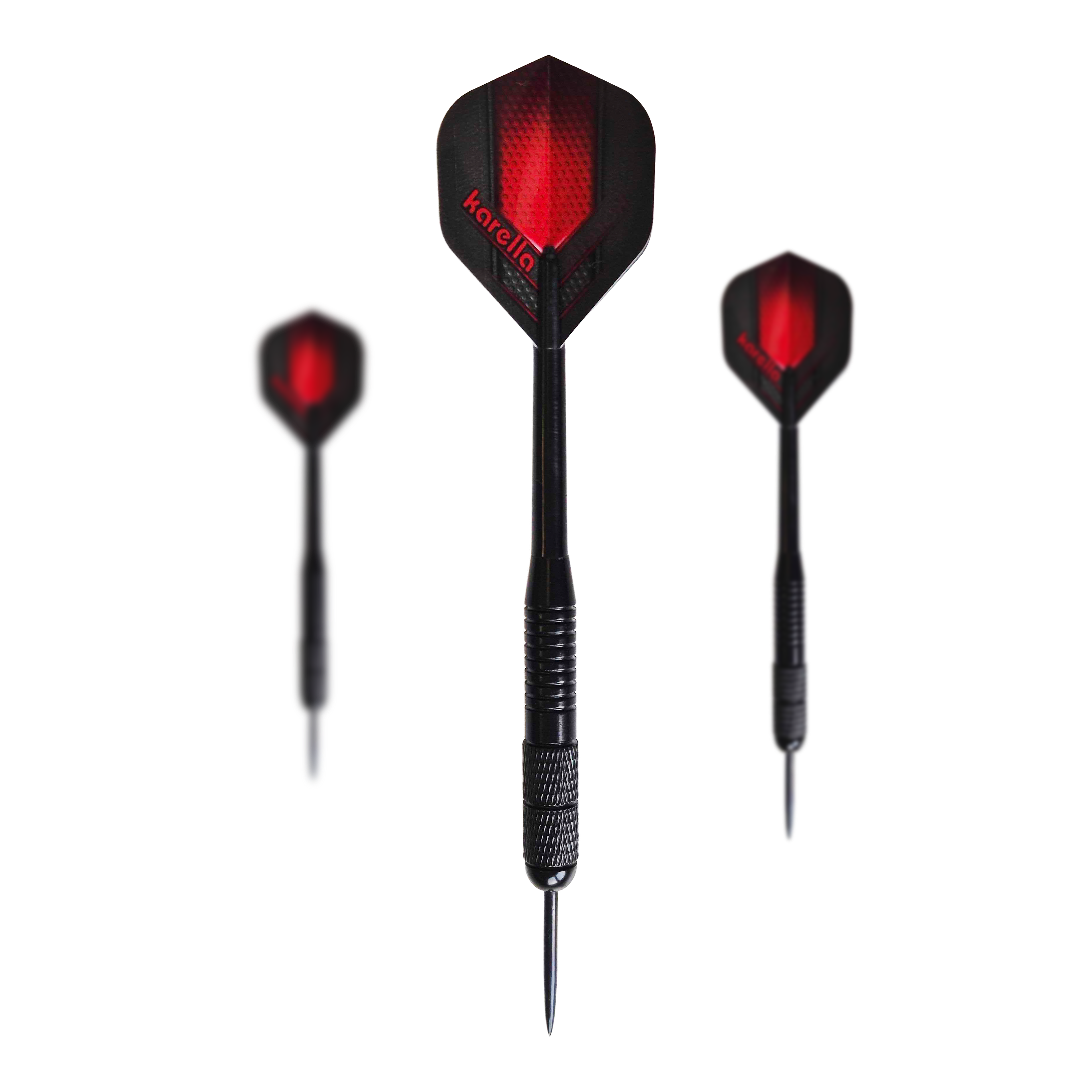 Karella Black Brass Steeldarts - 21g Das Bild zeigt die Karella Black Brass Steeldarts mit einem Gewicht von 21g. Es handelt sich um ein Set schwarzer Steeldarts.