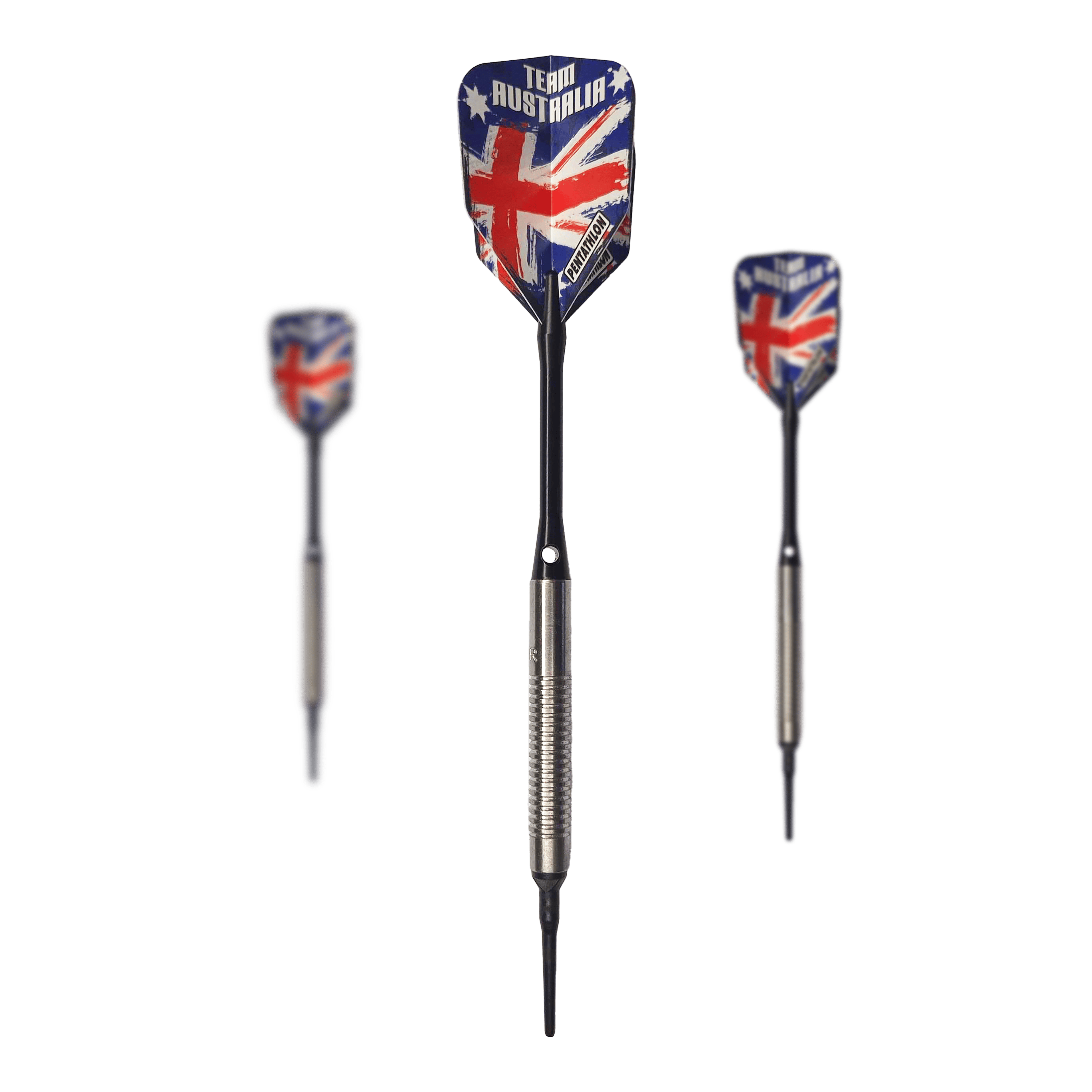 McDart 85 Tungsten V8 Soft Darts - 18.5g Auf dem Bild sind drei Softdarts des Modells "McDart 85er Tungsten V8" mit einem Gewicht von 18,5g zu sehen. Die Flights zeigen das Design der australischen Flagge mit der Aufschrift "Team Australia".