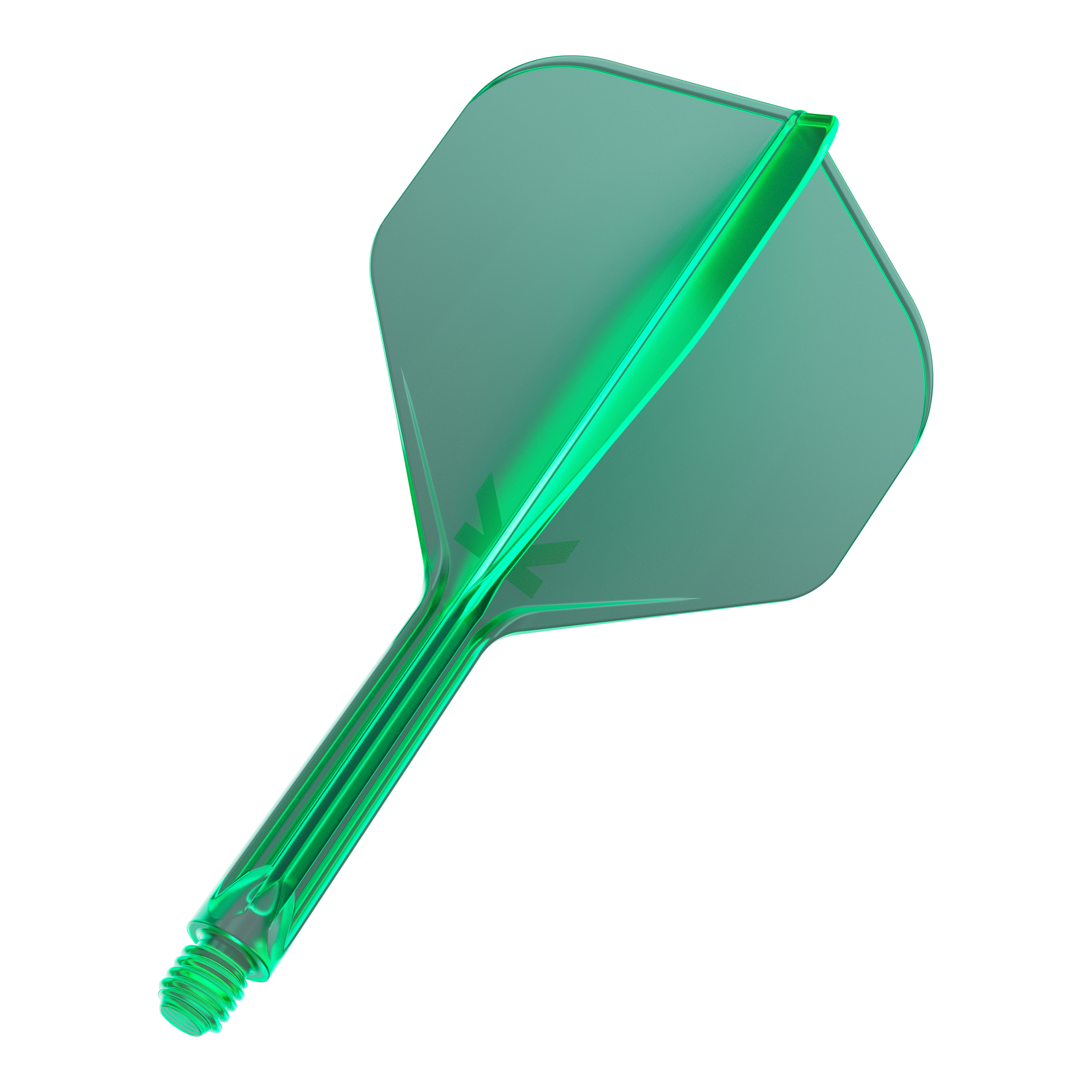 Target K-Flex No2 Standard Flight System - Green Das Bild zeigt einen grünen Dartflügel mit einem integrierten Schaft. Der Flügel hat eine Standardform und besteht aus durchsichtigem Kunststoff.