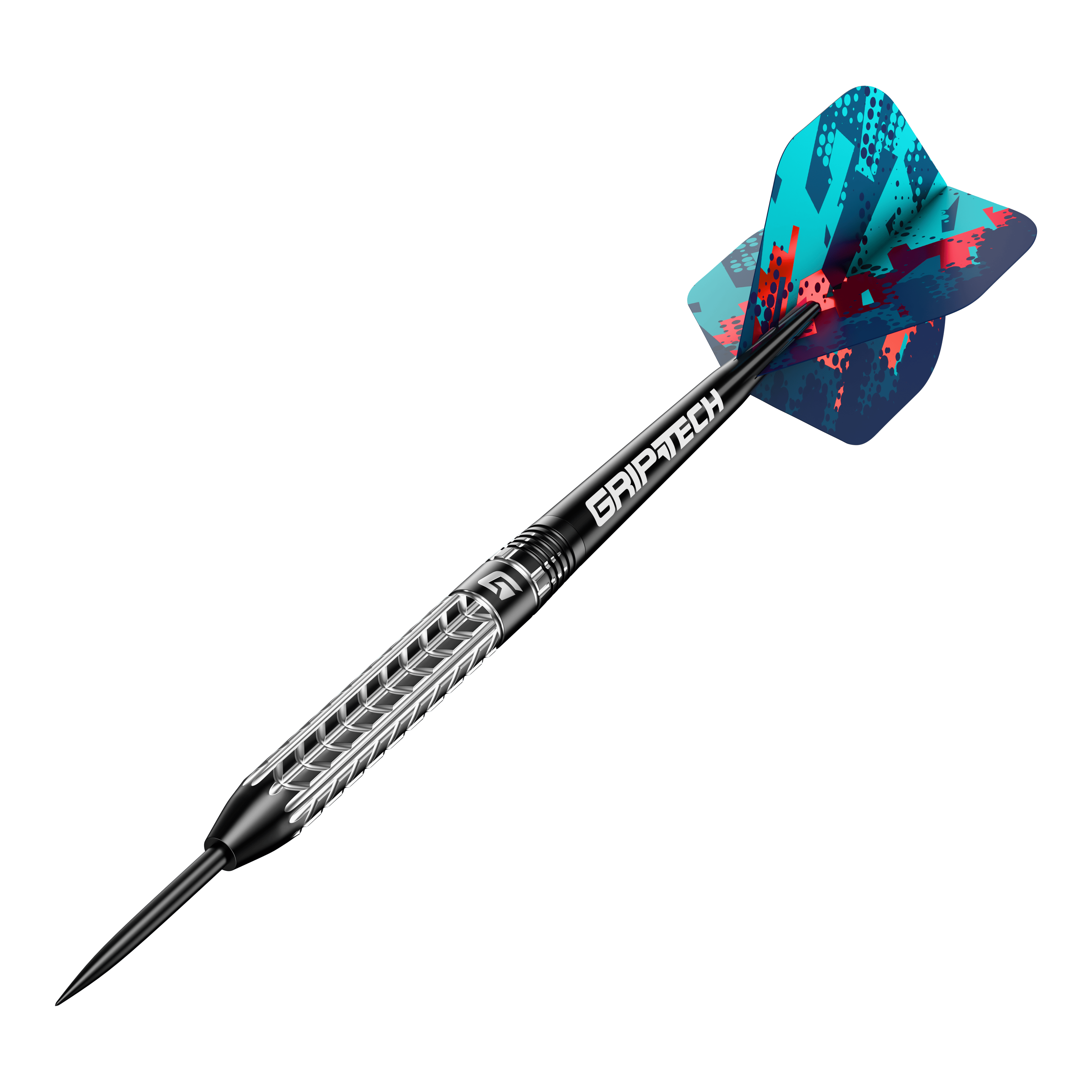 GOAT Traction Tungsten Steel Darts Das Bild zeigt einen GOAT Traction Tungsten Steeldart mit einer strukturierten Griffoberfläche und einer farbenfrohen Flight. Der Schaft trägt die Aufschrift "GRIPTECH" und die Spitze ist aus Stahl.