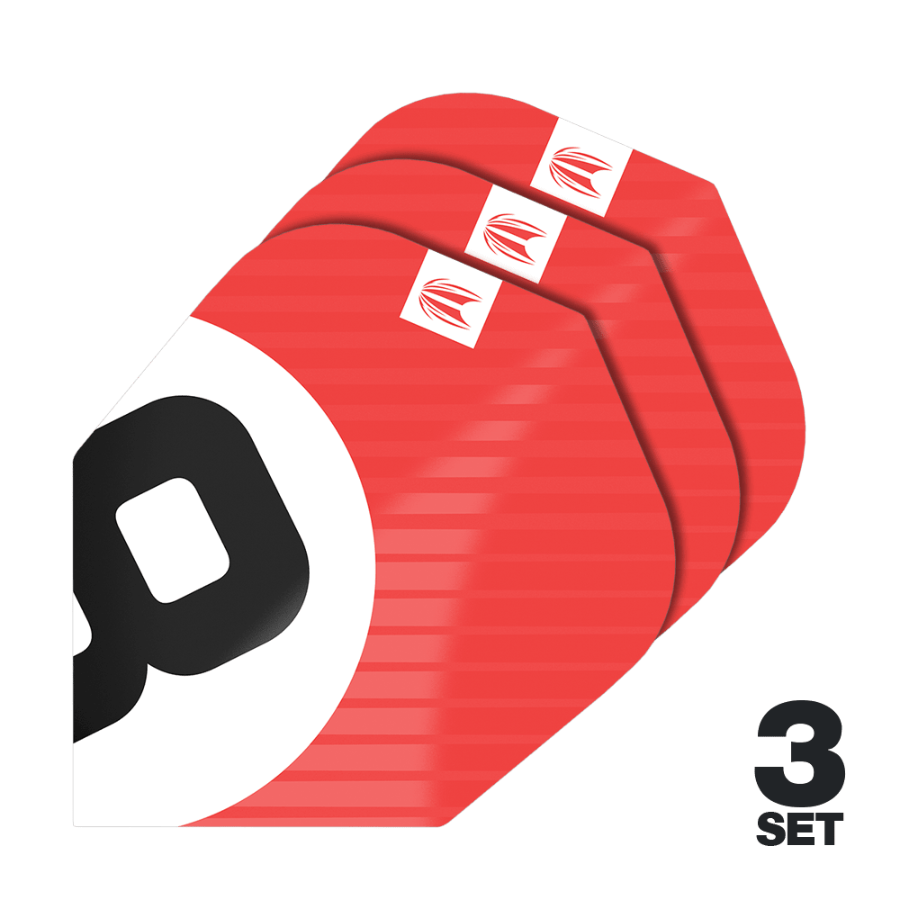 Target Pro Ultra Chicane Red No6 Flights - 3 Sets Das Bild zeigt drei Sätze der Target Pro Ultra Chicane Red No6 Flights. Die Flights sind überwiegend rot mit einem schwarzen und weißen Design sowie einem kleinen Logo in der Ecke.