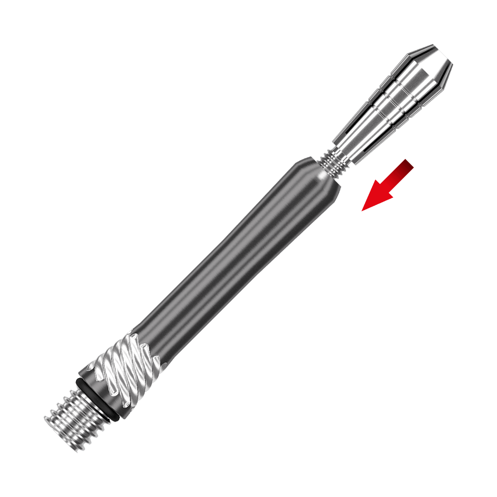 200480_Target_Power_Titanium_Shaft_Ersatztops_Silber_2 Das Bild zeigt den Target Power Titanium Shafts Ersatztop in Silber. Ein roter Pfeil markiert den austauschbaren oberen Teil des Shafts.