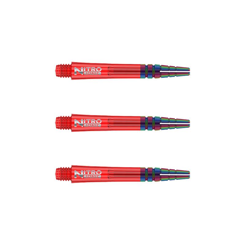 Das Bild zeigt drei rote RedDragon Nitrotech Ionic Shafts, die parallel zueinander liegen. Die Dartschäfte haben ein glänzendes Design mit silbernem Schriftzug und farbigen Akzenten am Ende.