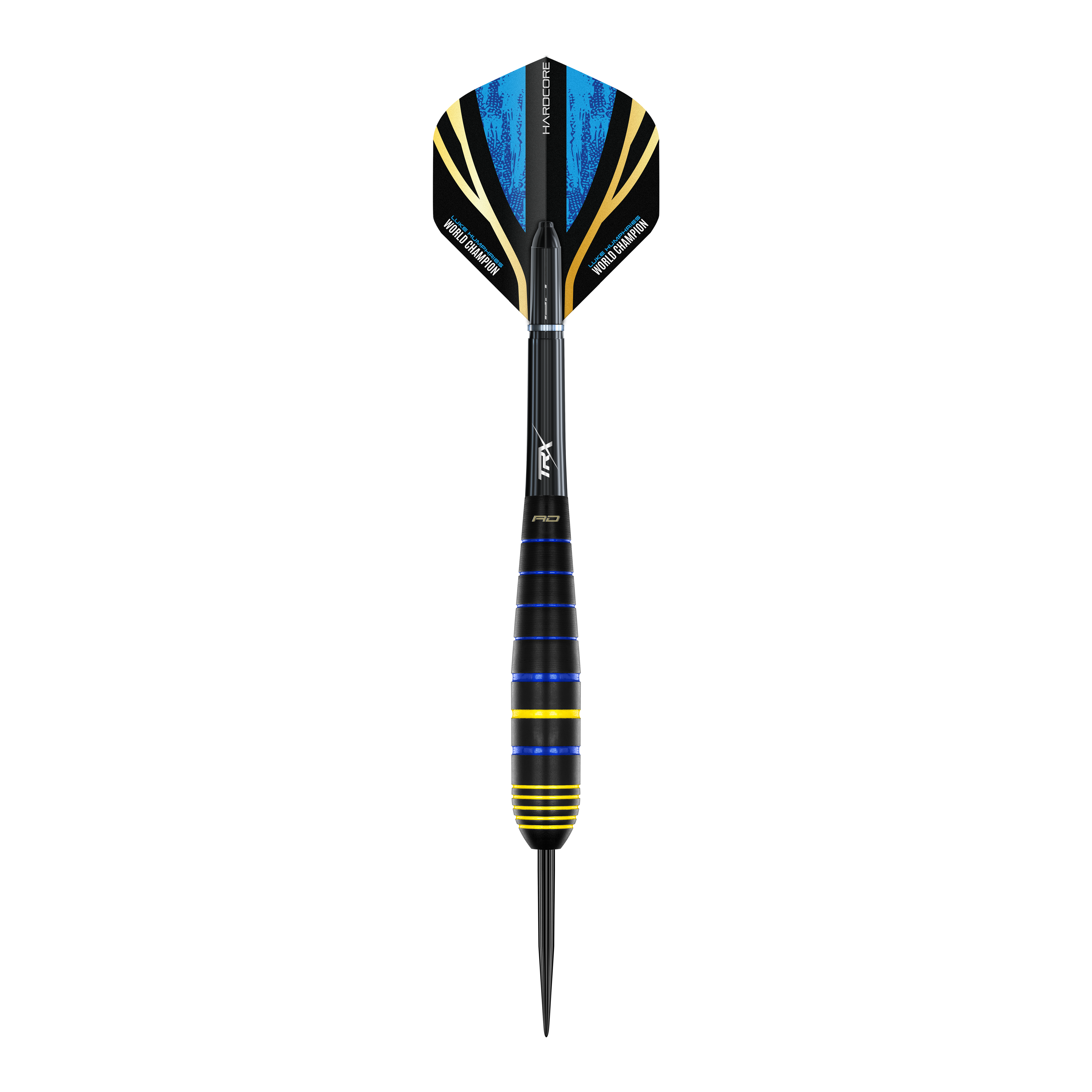 Red Dragon Luke Humphries World Champion Brass Steel Darts Das Bild zeigt einen Red Dragon Luke Humphries World Champion Brass Steeldart. Der Dart hat blaue, gelbe und schwarze Farbakzente und eine spitze Metallspitze.