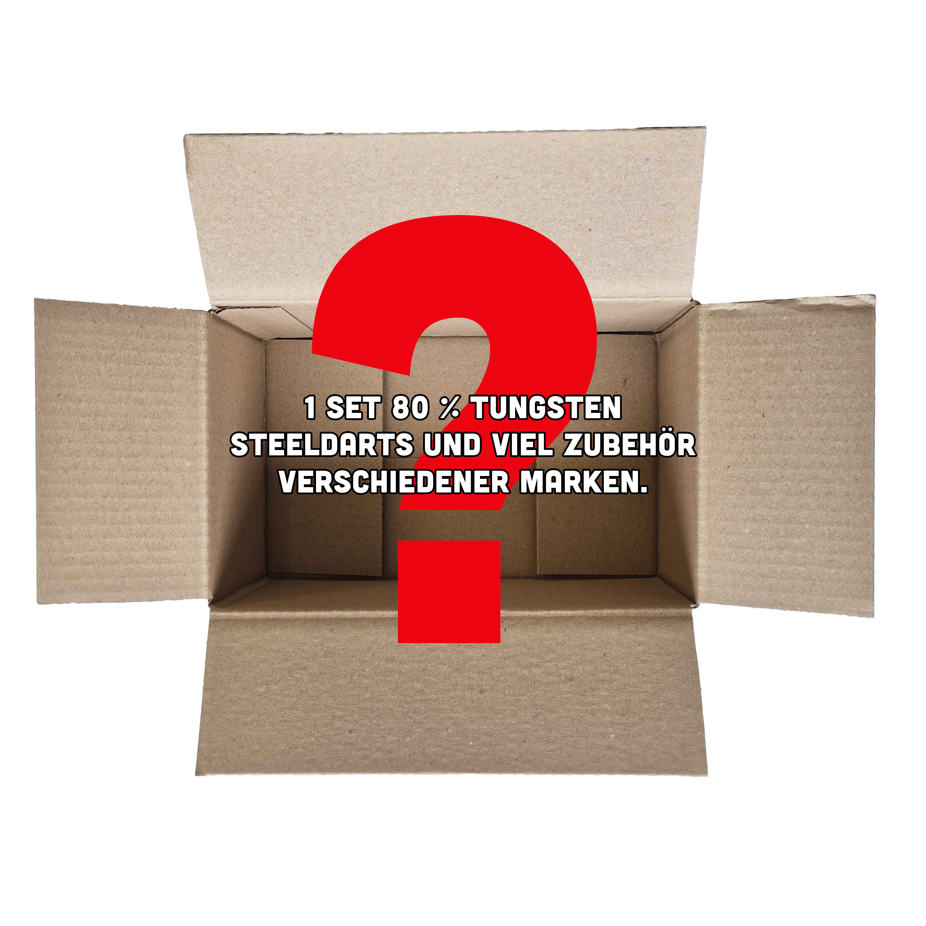 McDart Mystery Box - Steeldarts Das Bild zeigt einen offenen, leeren Karton mit einem großen roten Fragezeichen darauf. Auf dem Karton steht der Text: "1 Set 80 % Tungsten Steeldarts und viel Zubehör verschiedener Marken."
