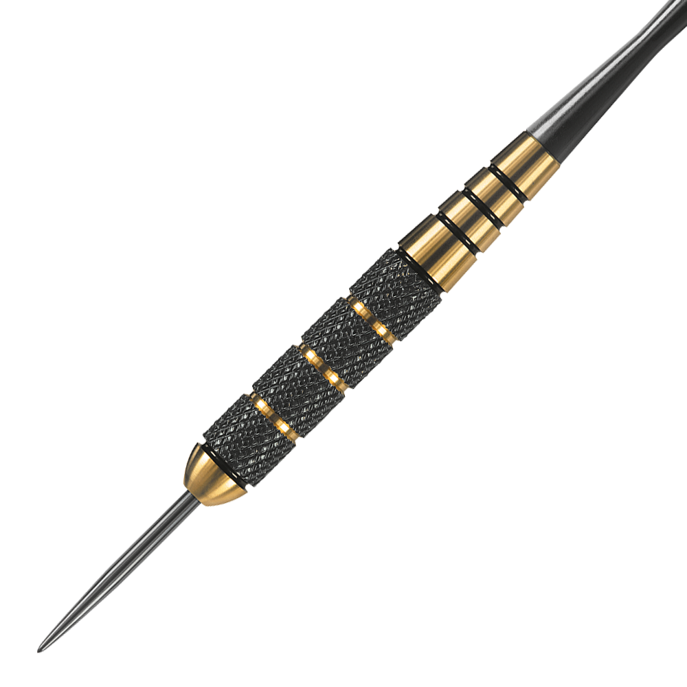 HA005116_Harrows_Voodoo_Brass_Steeldarts_2 Das Bild zeigt einen Harrows Voodoo Brass Steeldart. Der Dartpfeil hat eine schwarze und goldene Griffstruktur mit einer scharfen Spitze aus Metall.