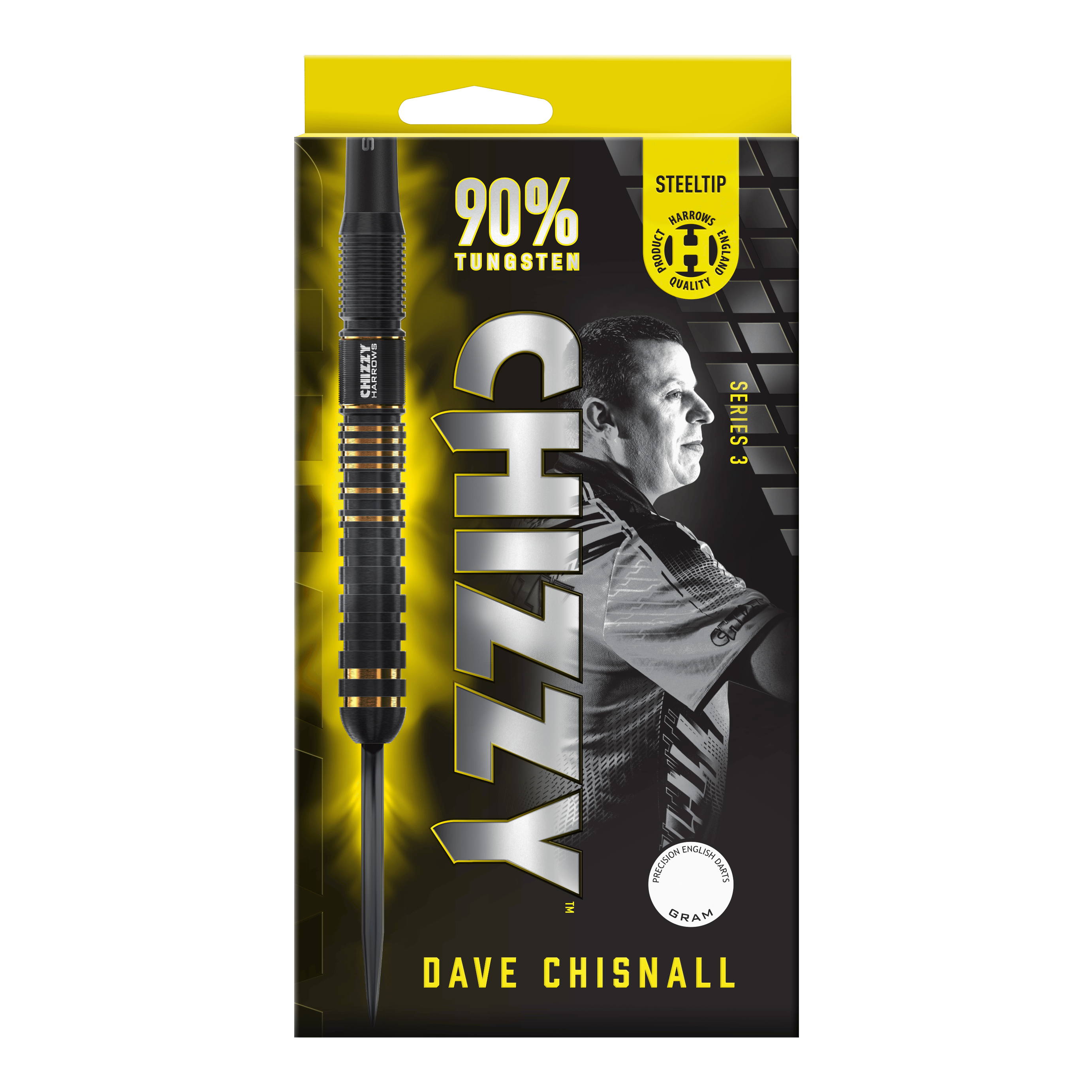 Harrow's Dave Chisnall Chizzy Series 3 steel darts Das Bild zeigt eine Verpackung der "Harrows Dave Chisnall Chizzy Series 3 Steeldarts". Auf der Verpackung steht, dass die Darts aus 90% Tungsten bestehen und für professionelle Qualität stehen.