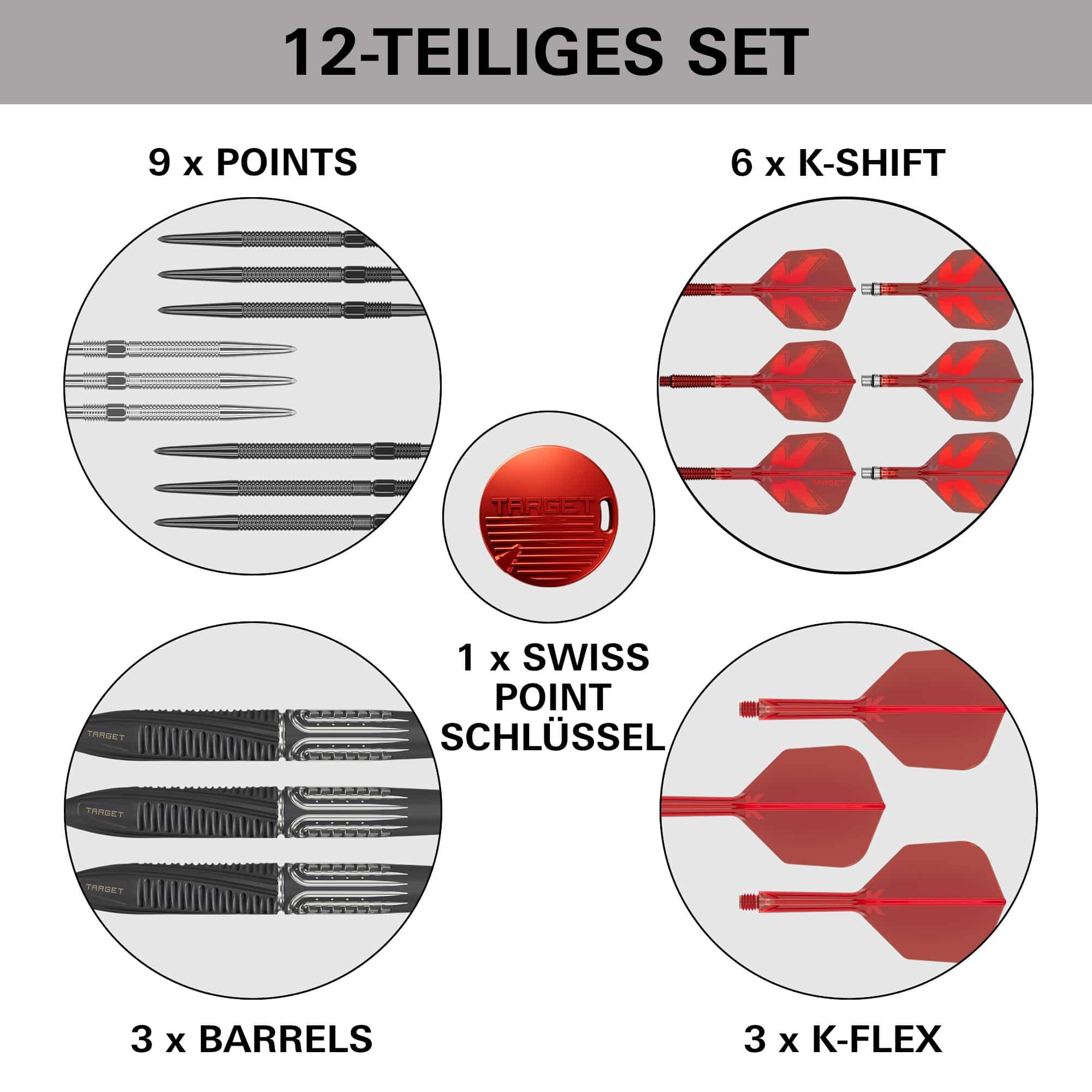 Abgebildet werden Target Shift Swiss Point Steeldarts. Die Anordnung verdeutlicht die Flight- und Schaftdetails.