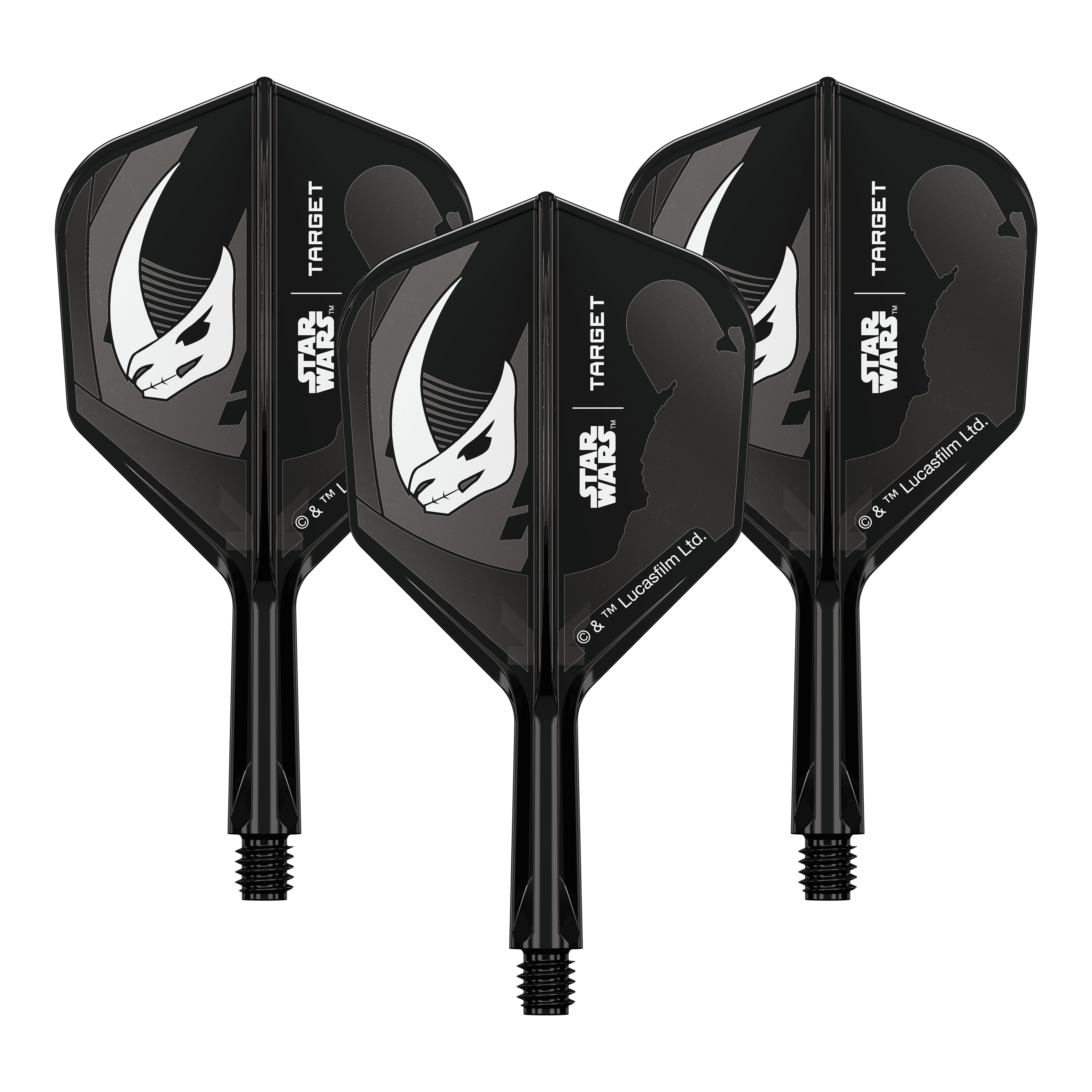 Target Star Wars K-Flex Set Mandalorian No6 Flights Auf dem Produkt ist eine Mandalorianer-Rüstung aus Star Wars abgebildet. Es handelt sich um einen weiteren No6 Flights 19 mm Dart-Flügel.