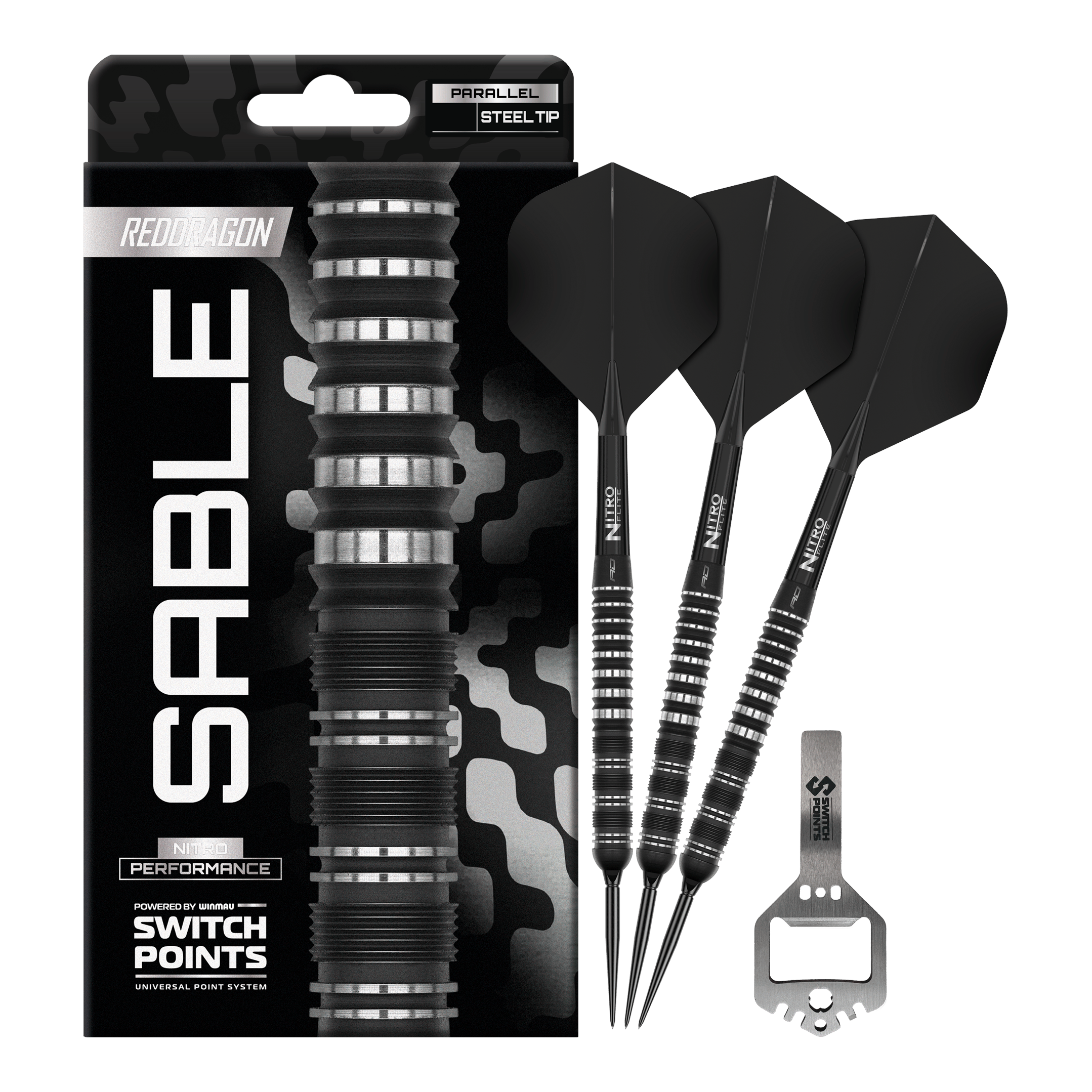 Zu sehen ist das komplette Set der Red Dragon Sable Parallel Switch Point Steeldarts. Drei Darts und Zubehör liegen nebeneinander.