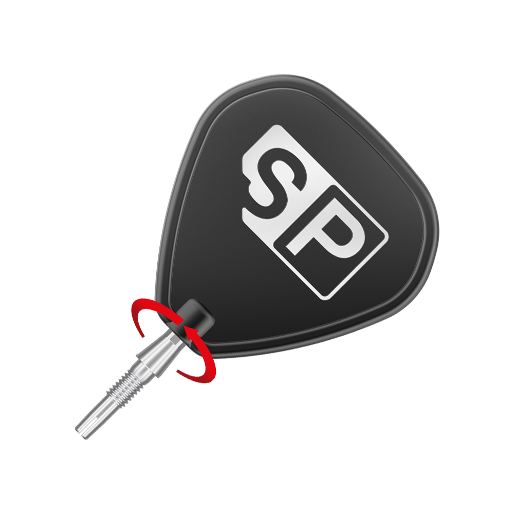 Das Bild zeigt eine silberne Dartspitze des Produkts "Target Swiss Storm Onyx Point". Die Dartspitze ist an einem schwarzen Dartflügel mit der Aufschrift "SP" befestigt.