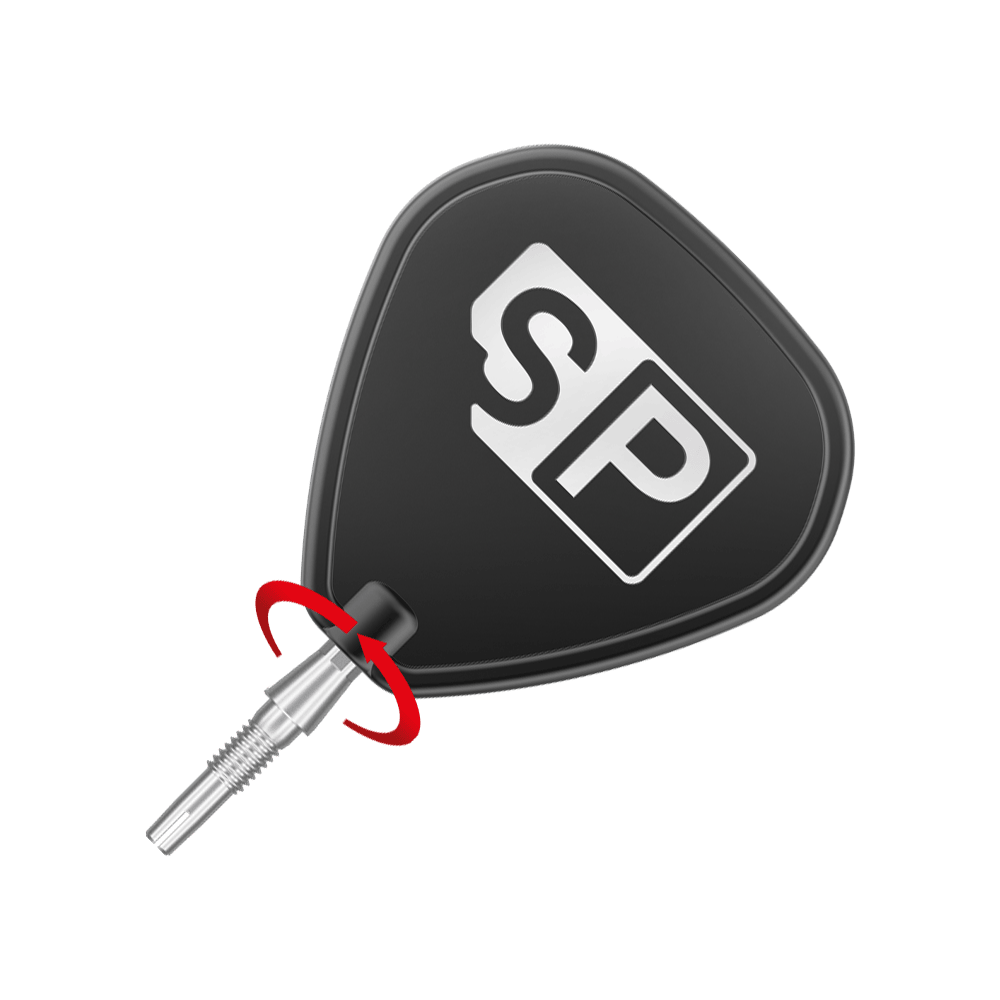 Target Swiss Storm Onyx Point Dart Tips - Silver Das Bild zeigt eine silberne Dartspitze des Produkts "Target Swiss Storm Onyx Point". Die Dartspitze ist an einem schwarzen Dartflügel mit der Aufschrift "SP" befestigt.