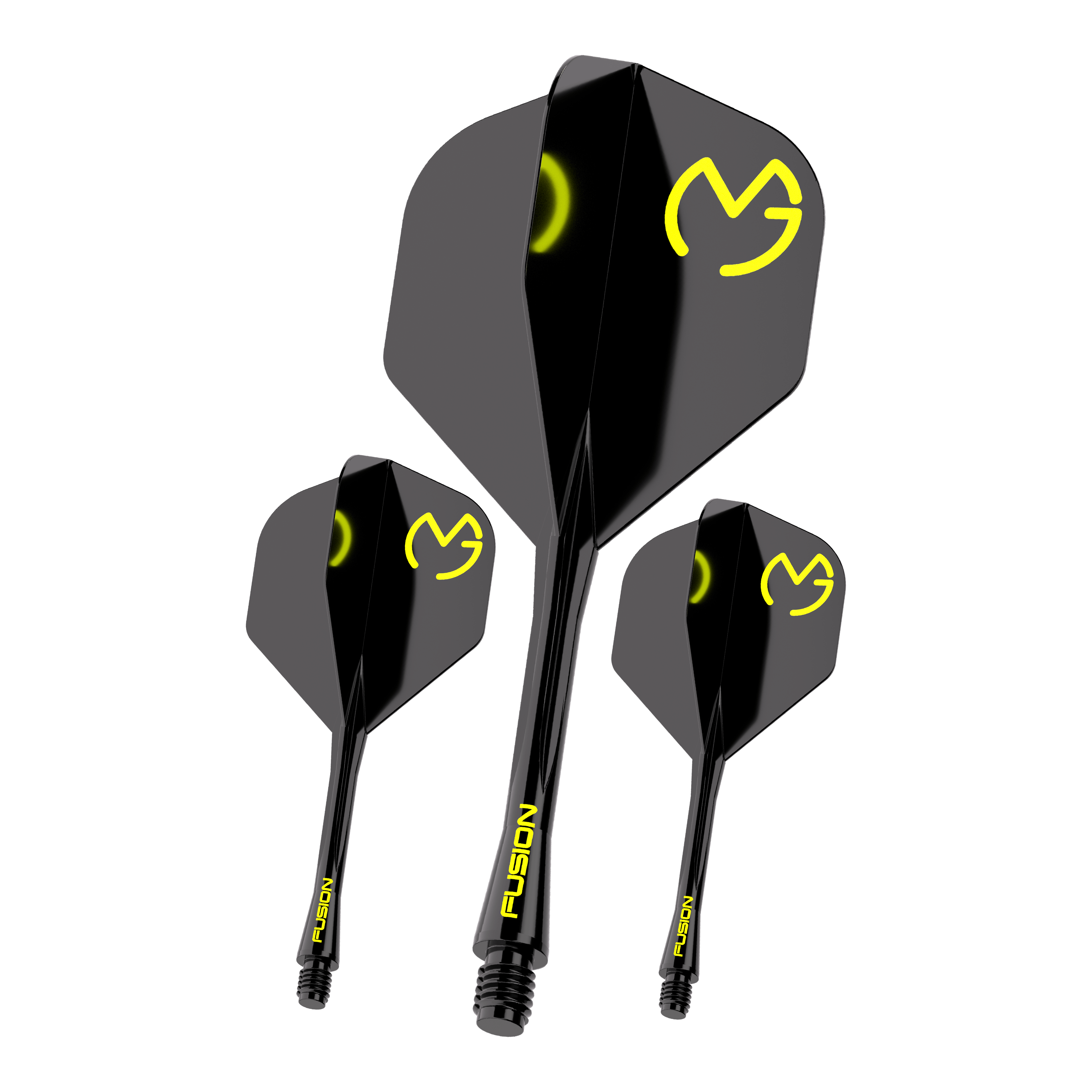 Winmau Fusion Flight Shaft System Michael Van Gerwen Pacman No2 Standard Das Bild zeigt drei schwarze Dartflights mit gelbem "MVG"-Logo und der Aufschrift "FUSION" auf den Schäften. Es handelt sich um das Produkt "Winmau Fusion Flight-Shaft-System Michael Van Gerwen Pacman No2 Standard".