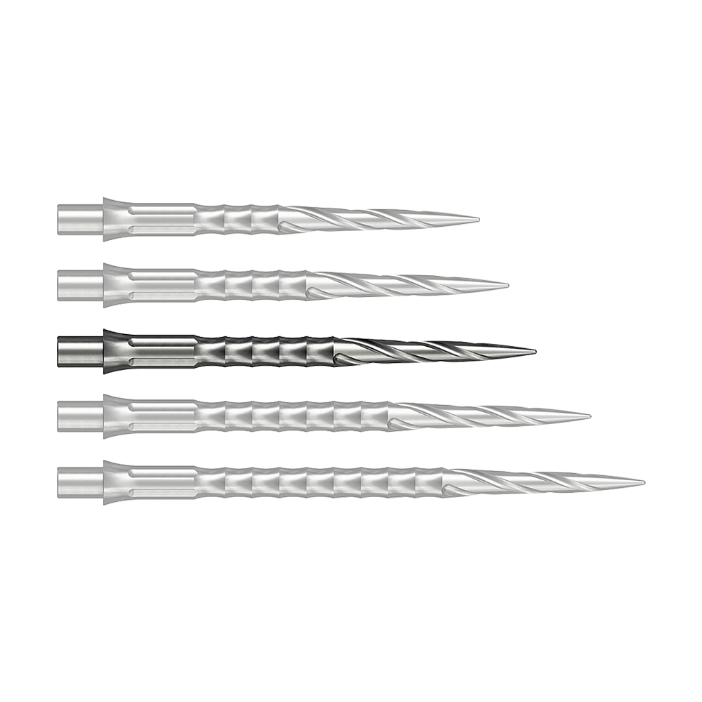 Caliburn System steel dart tips - Spiro - NoLip - silver Zu sehen ist vermutlich eine Steeldartspitze in Silber, 32 mm lang. Das Produkt ist eine Spiro NoLip Spitze vom Caliburn Evo System.