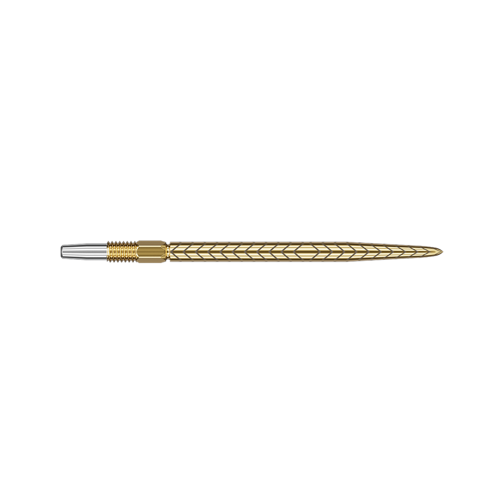 Target Swiss Point RVE dart tips - Gold Das Bild zeigt eine goldfarbene Dartspitze mit einem feinen, eingravierten Muster. Die Spitze ist lang und hat ein elegantes, schlankes Design.