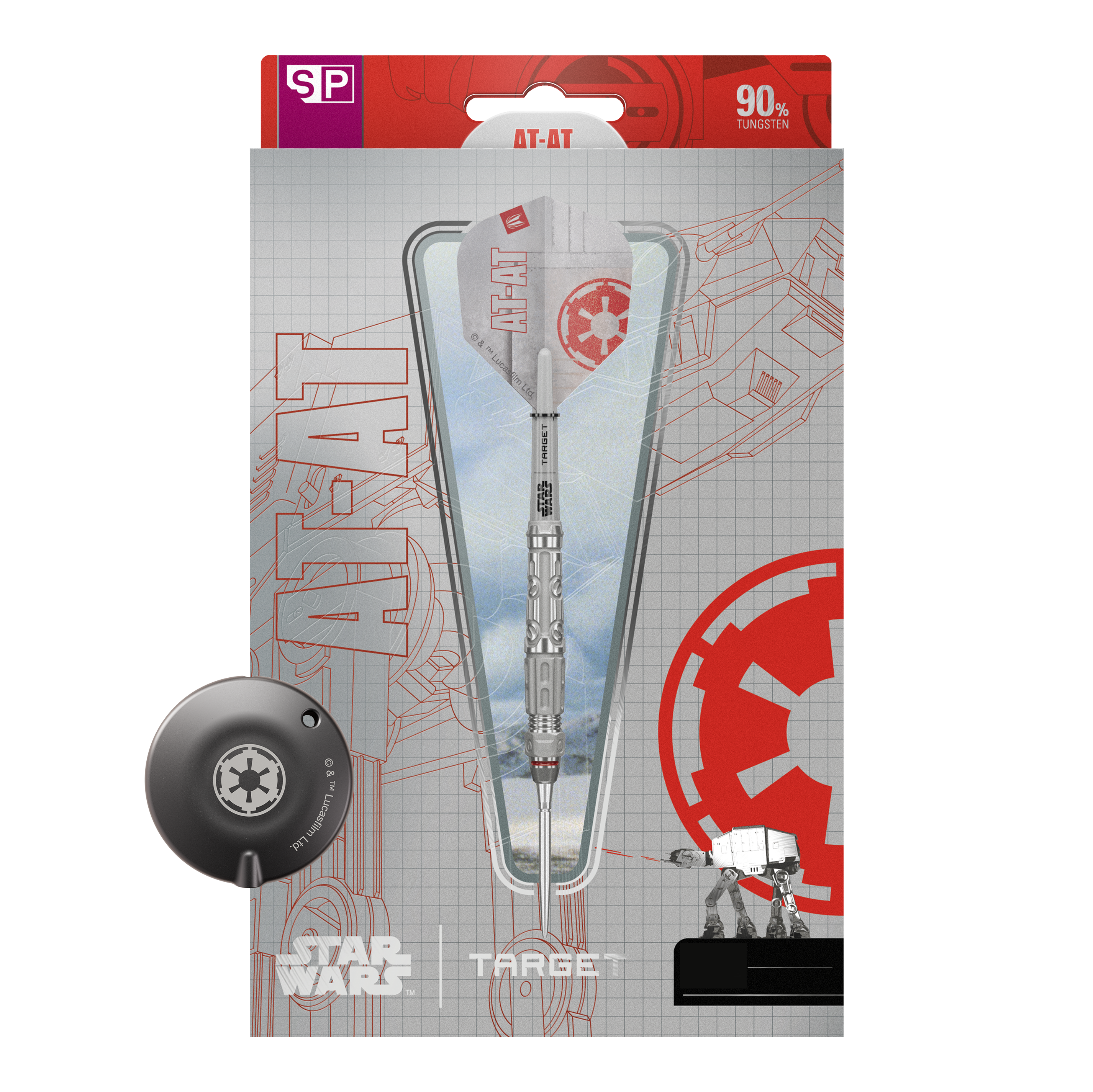 Dieses Bild zeigt die Target Star Wars AT-AT Swiss Point Steeldarts. Die Abbildung präsentiert die besonderen Merkmale der Pfeile.