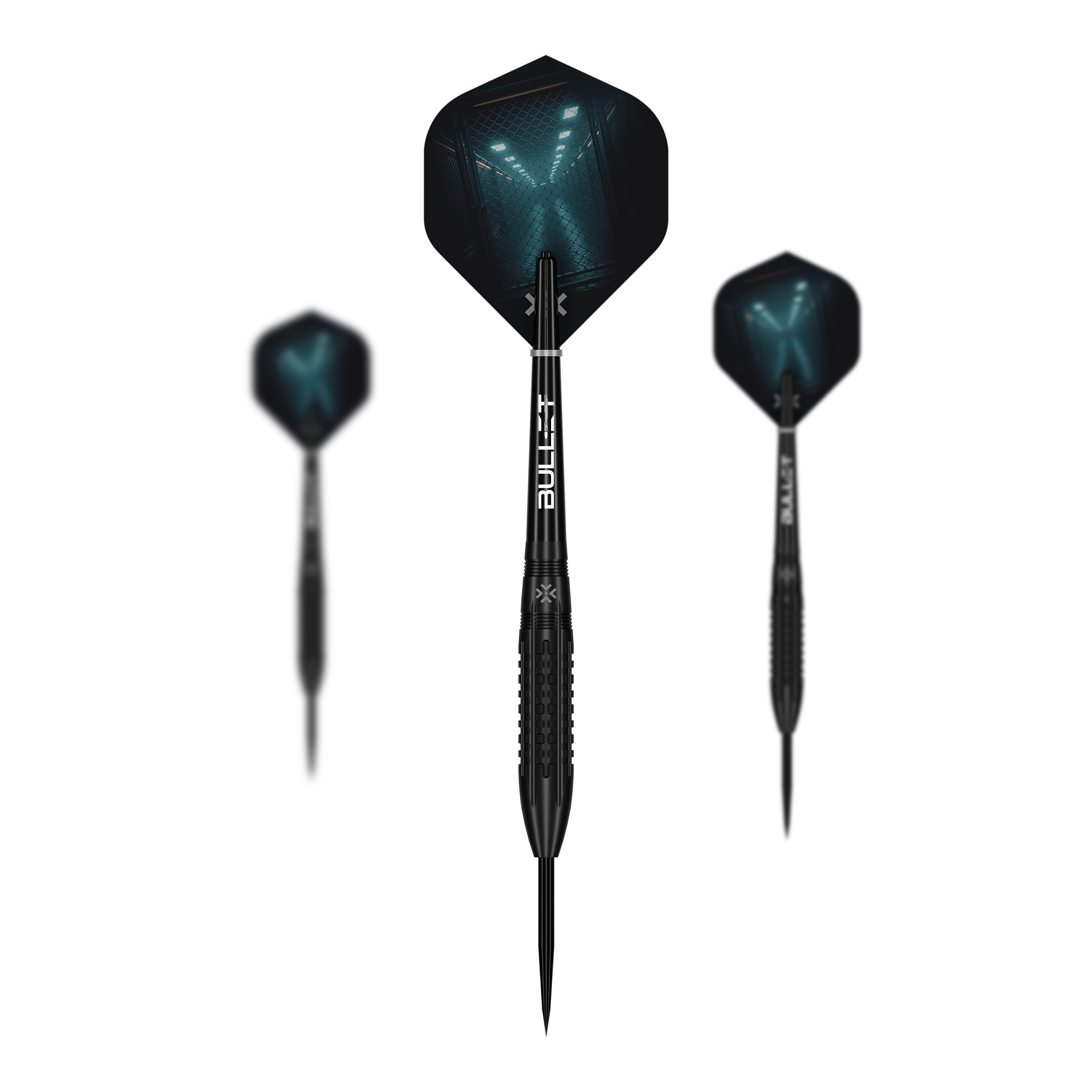Dieses Bild stellt die Bullet Cage Steeldarts dar. Die Pfeile sind speziell für das Steeldart-Spielen konzipiert.