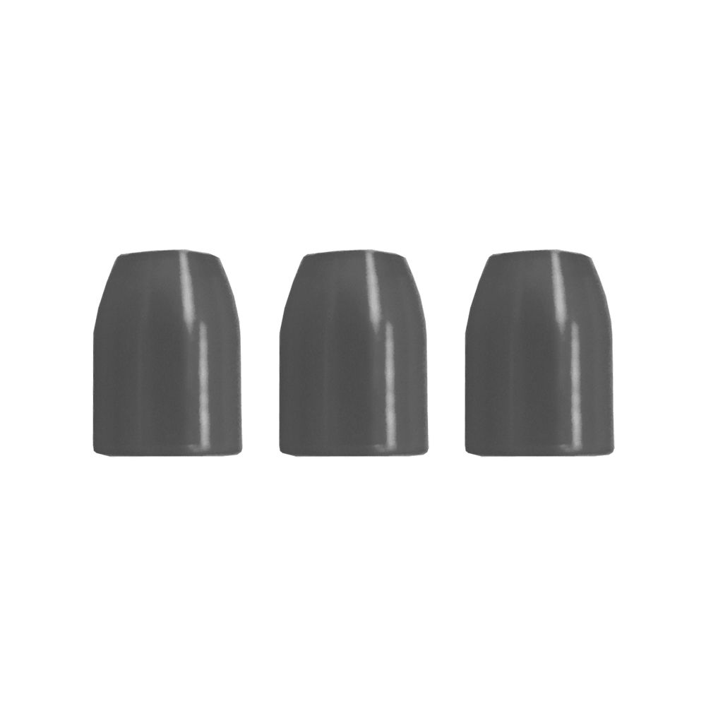 LSF10_L-Style_Champagne-Ringe_ClearBlack_2 Auf dem Bild sind drei schwarze, glatte Kunststoffkappen nebeneinander zu sehen. Sie reflektieren leicht das Licht und stehen auf einer weißen Fläche.
