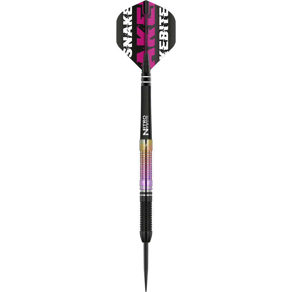 Auf dem Bild ist ein Steeldart der Marke Red Dragon zu sehen, Modell "Peter Wright Snakebite World Champion 2020 Edition". Der Dart hat ein farbiges Griffstück und einen Flight mit der Aufschrift "Snakebite".