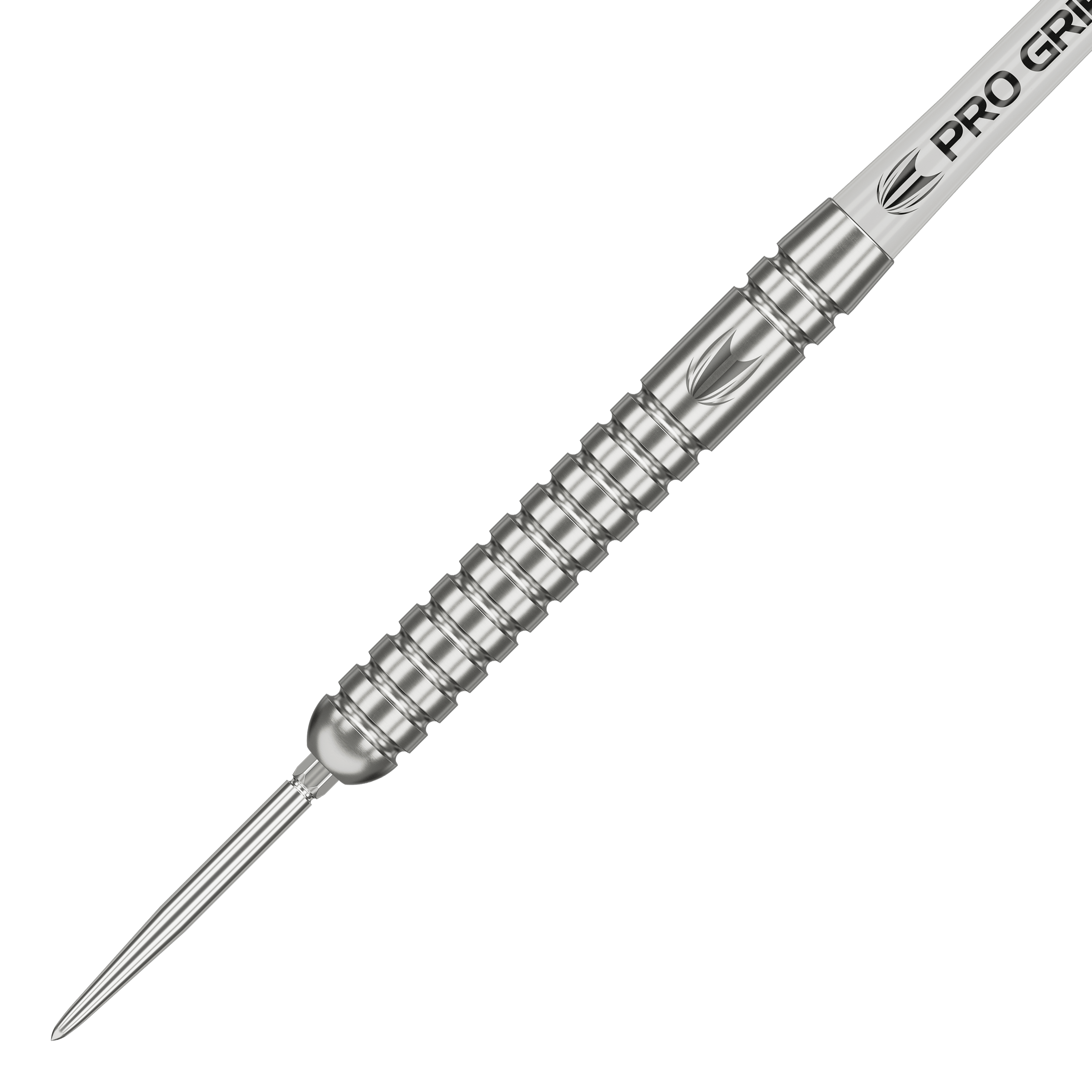 Target Rob Cross Voltage Swiss Point Steel Darts Das Bild zeigt einen silbernen Steeldart mit gerilltem Griff und spitzer Metallspitze. Auf dem Schaft steht "PRO GRIP" geschrieben.