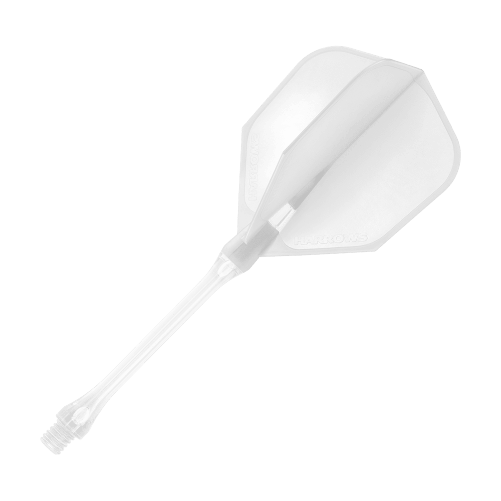 HRC-180_Harrows_Clic_Standard_Flight_Clear_2 Das Bild zeigt ein klares Dartflight-Set des Produkts „Harrows Clic Standard Flights“. Das Flight ist durchsichtig und hat eine klassische Form.