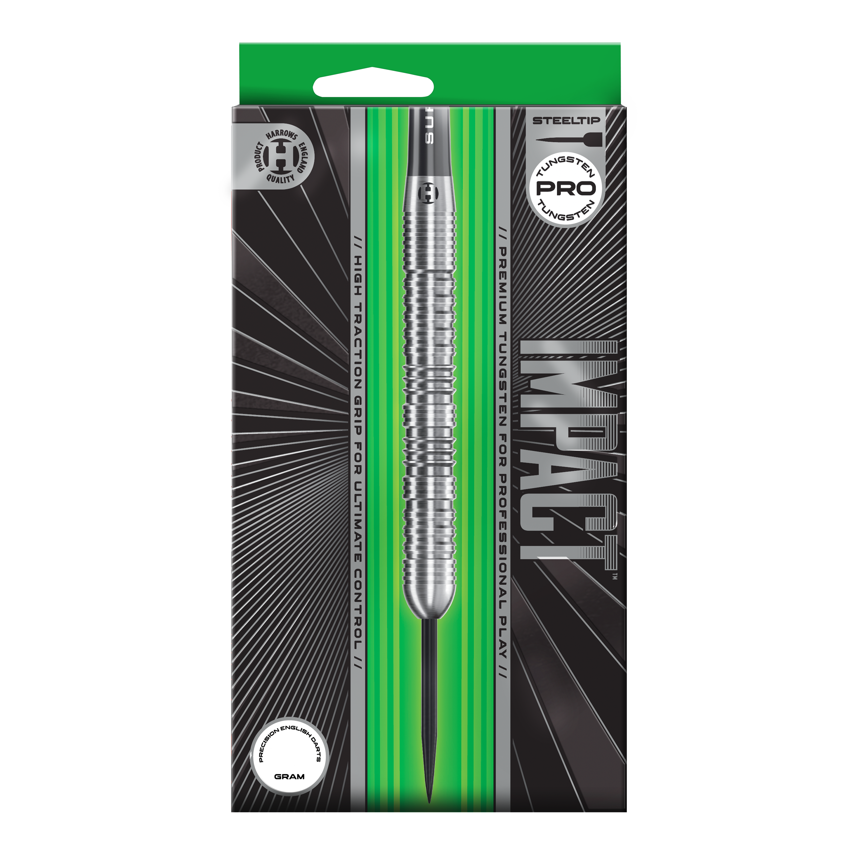 Abgebildet sind Harrows Impact Steeldarts aus einer anderen Perspektive. Die Darts wirken robust und professionell.