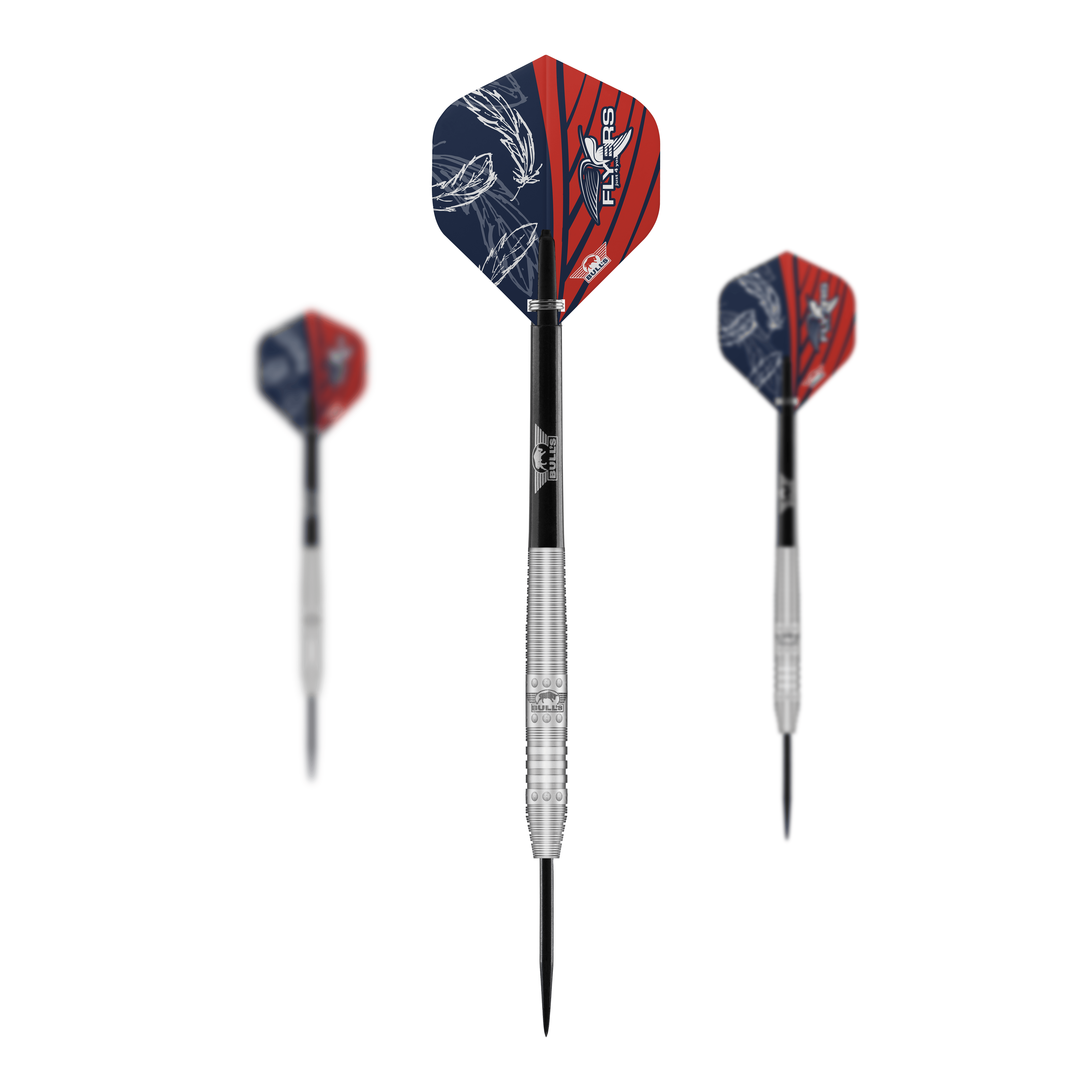 Bulls NL Richard Veenstra 80 steel darts - 23g Das Bild zeigt drei Steeldarts des Modells "Bulls NL Richard Veenstra 80" mit 23g Gewicht. Die Flights sind rot-blau gestaltet und auf dem mittleren Dart ist das Logo gut zu erkennen.