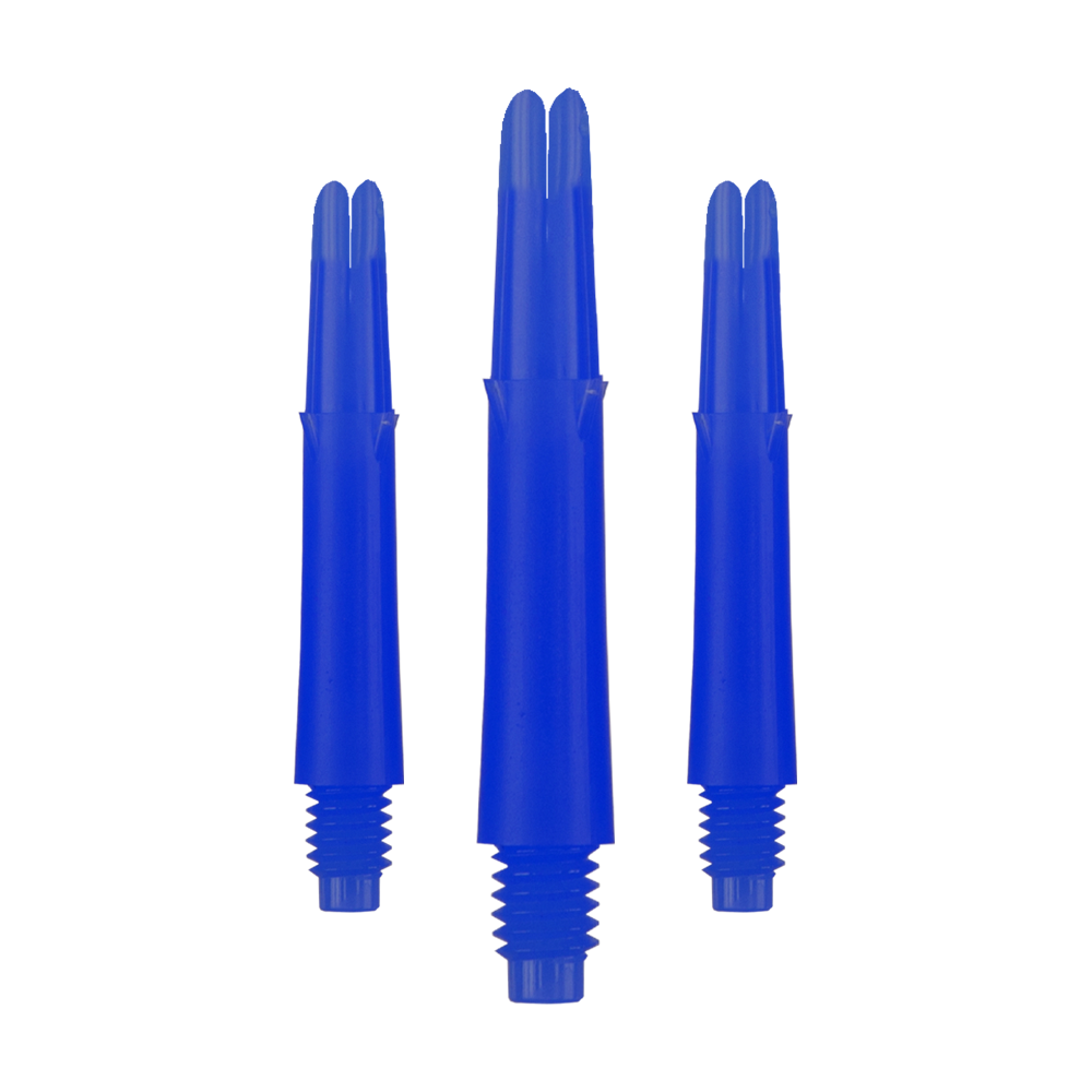 L-L-Style-Shafts Locked Straight - Blue Auf dem Bild sind drei blaue Dartschäfte in unterschiedlicher Höhe zu sehen. Sie haben ein gerades Design und ein Gewinde am unteren Ende.