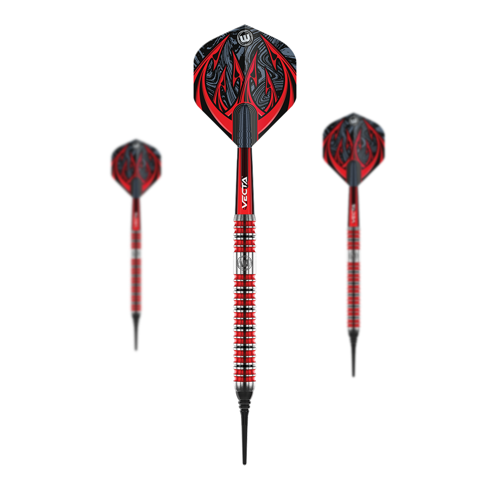 Winmau Diablo Parallel Soft Darts - 20g Das Bild zeigt drei Winmau Diablo Parallel Softdarts mit einem Gewicht von 20 Gramm. Die Darts haben ein auffälliges rot-schwarzes Design mit silbernen Akzenten und Muster auf den Flights.