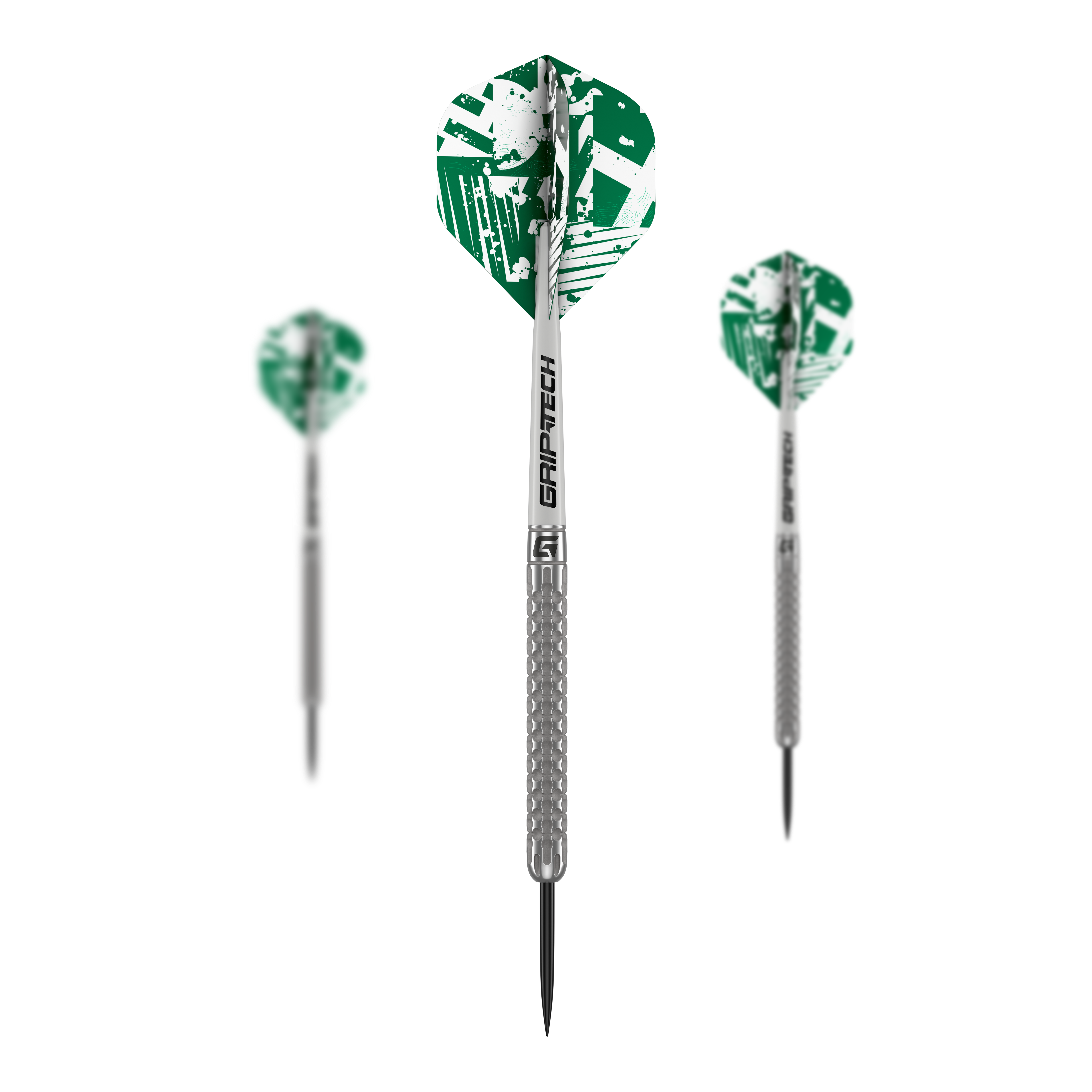 GOAT Fairway V1 Tungsten Steel Darts Das Bild zeigt drei GOAT Fairway V1 Tungsten Steeldarts mit grünen und weißen Flights. Die Darts haben silberne Griffe mit strukturiertem Muster und schwarzer Spitze.