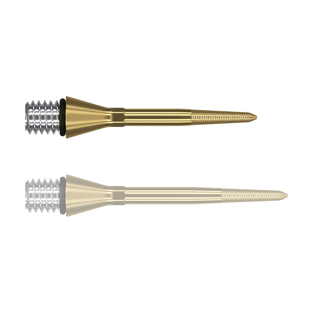 380166_Target_Titanium_Swiss_Point_Nano_Conversion_Points_Gold_26mm_1eRvYDFNbRqr4n Das Bild zeigt zwei goldene Swiss Point Nano Conversion Points von Target. Sie haben eine schlanke, spitze Form und ein silbernes Schraubgewinde am Ende.