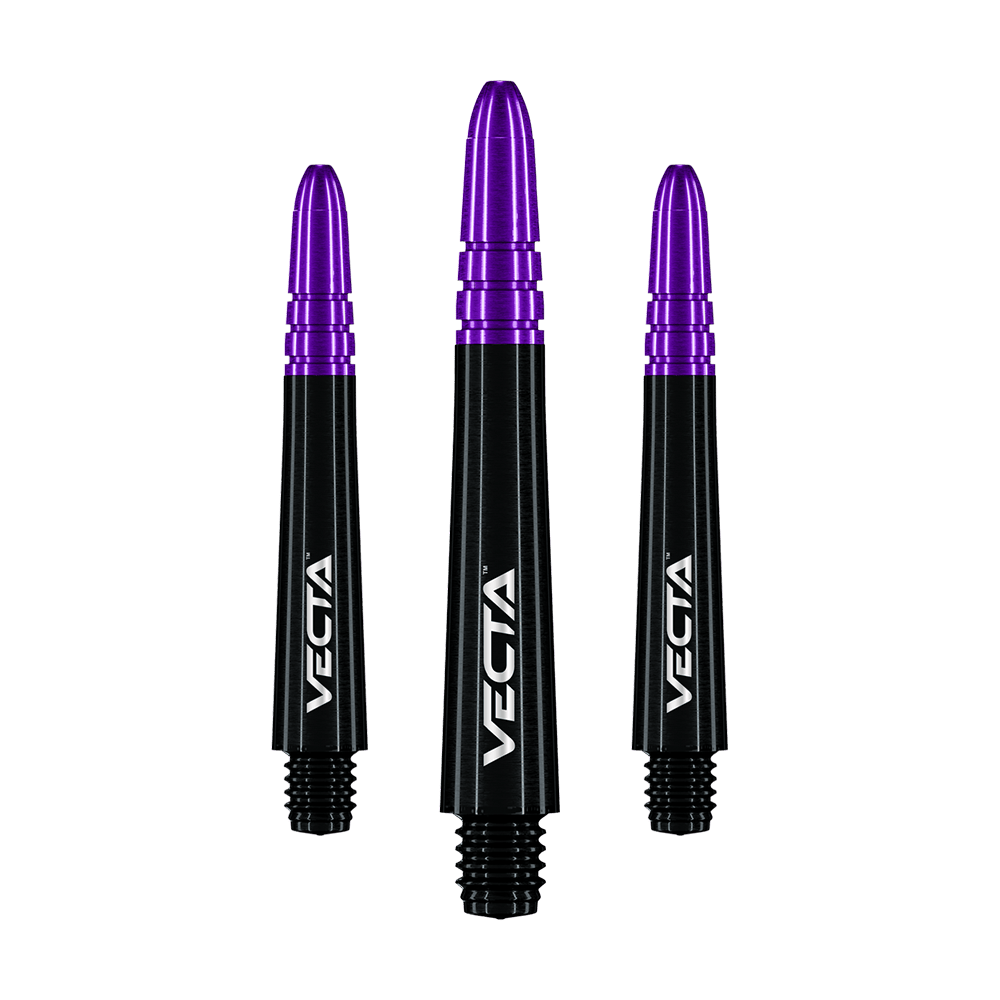 Das Bild zeigt drei Dartschäfte mit schwarzem Schaft und violettem Kopf. Auf den Schäften steht das Wort "VECTA" in weißer Schrift.