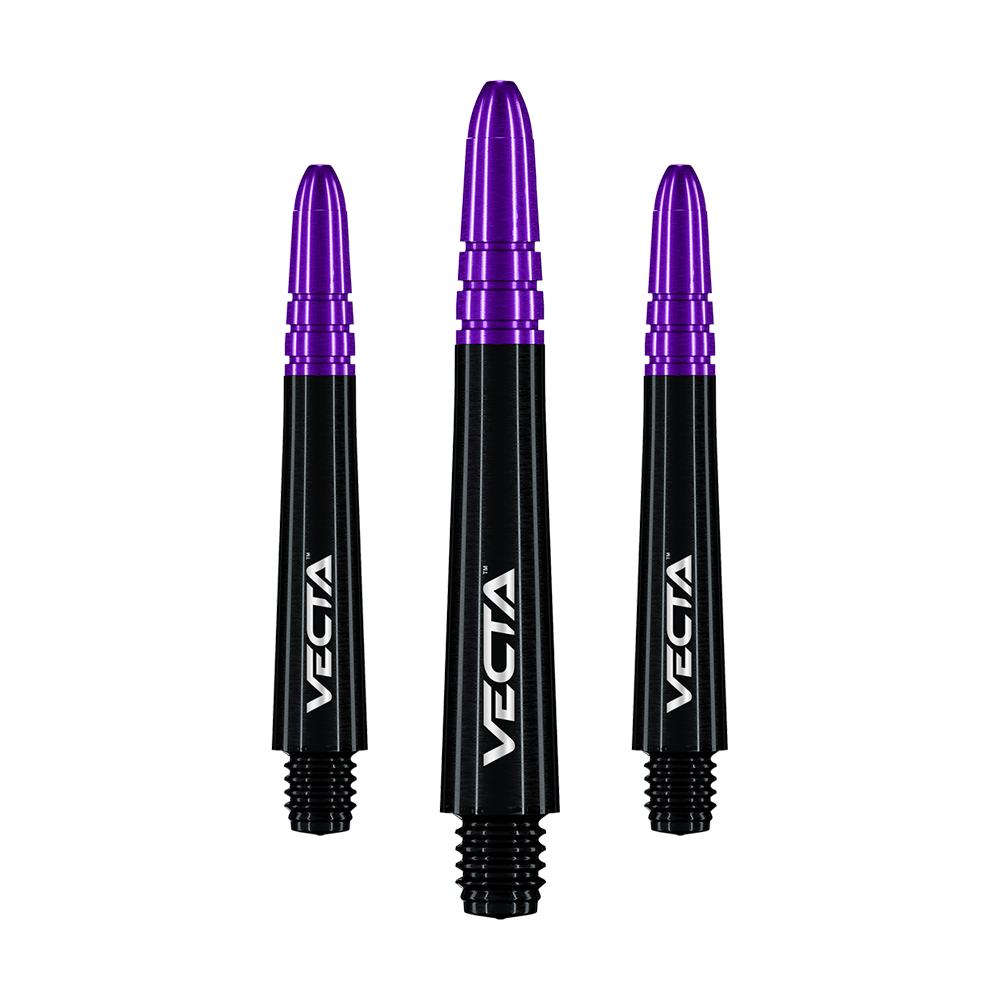 Winmau Vecta Shafts - Schwarz Lila Das Bild zeigt drei Dartschäfte mit schwarzem Schaft und violettem Kopf. Auf den Schäften steht das Wort "VECTA" in weißer Schrift.