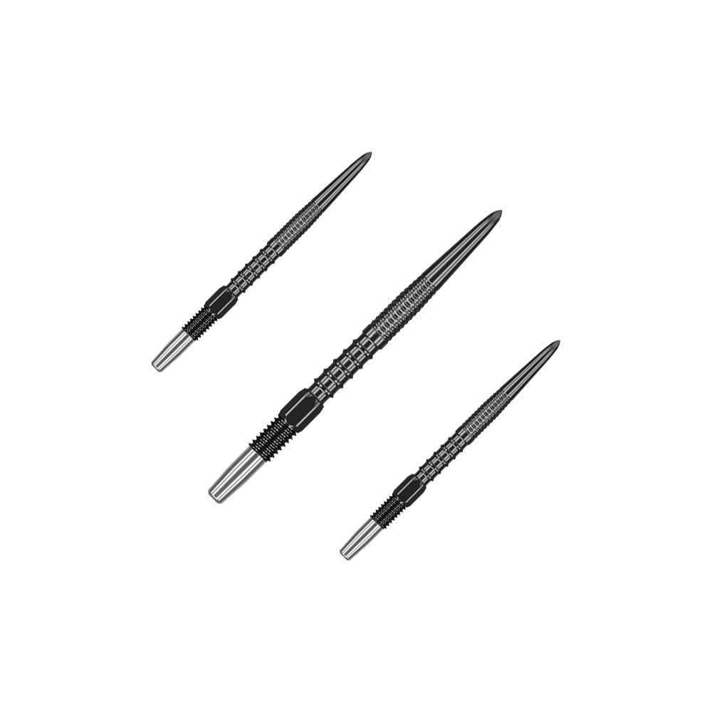 Target Swiss Firepoint Black dart tips Das Bild zeigt drei schwarze Dartspitzen, die nebeneinander angeordnet sind. Sie sind schmal und haben ein geripptes Design für besseren Halt.