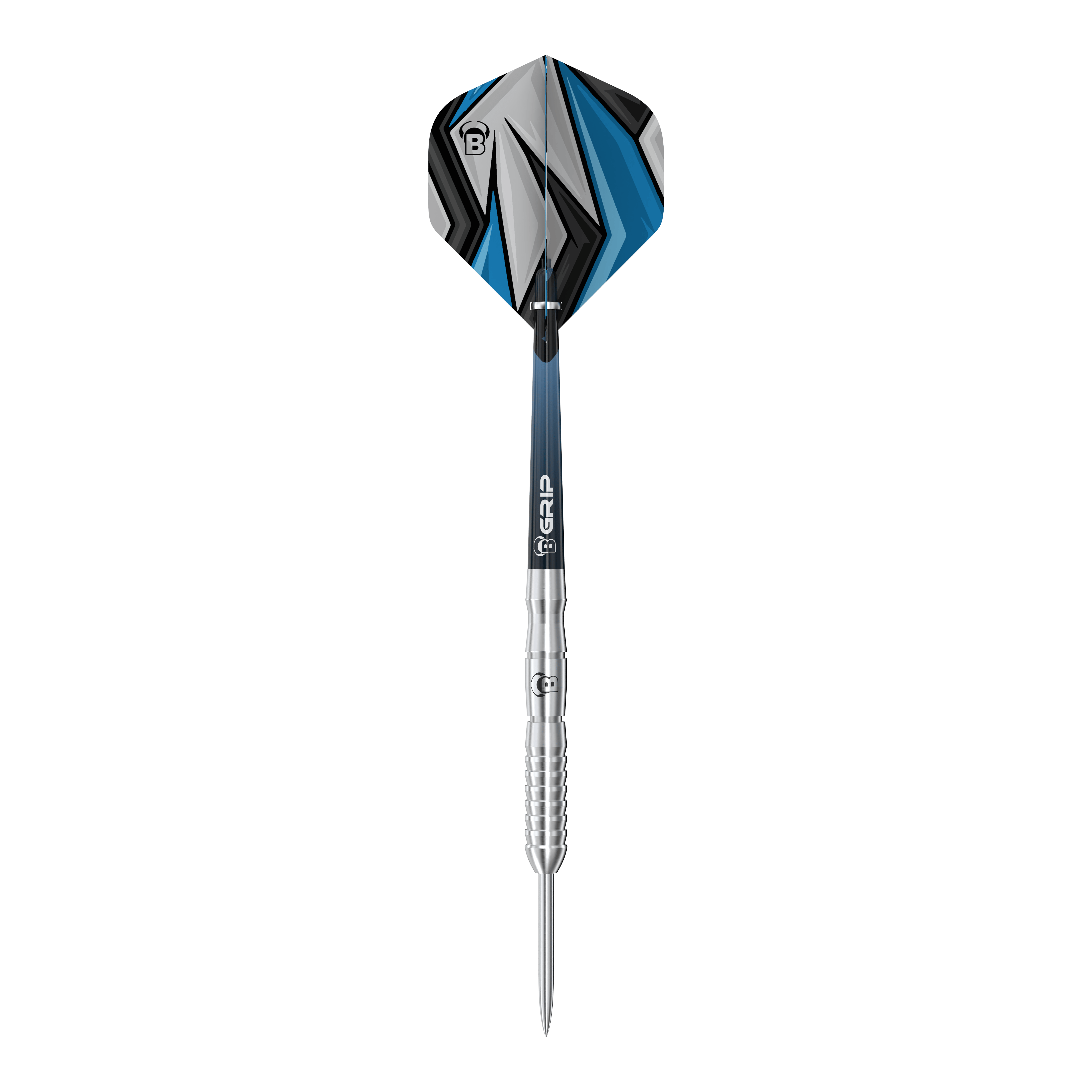 Bulls Stone S3 Steeldarts Das Bild zeigt einen Bulls Stone S3 Steeldart. Der Dart hat ein silbernes Barrel und ein Flight mit blau-schwarzem Muster.