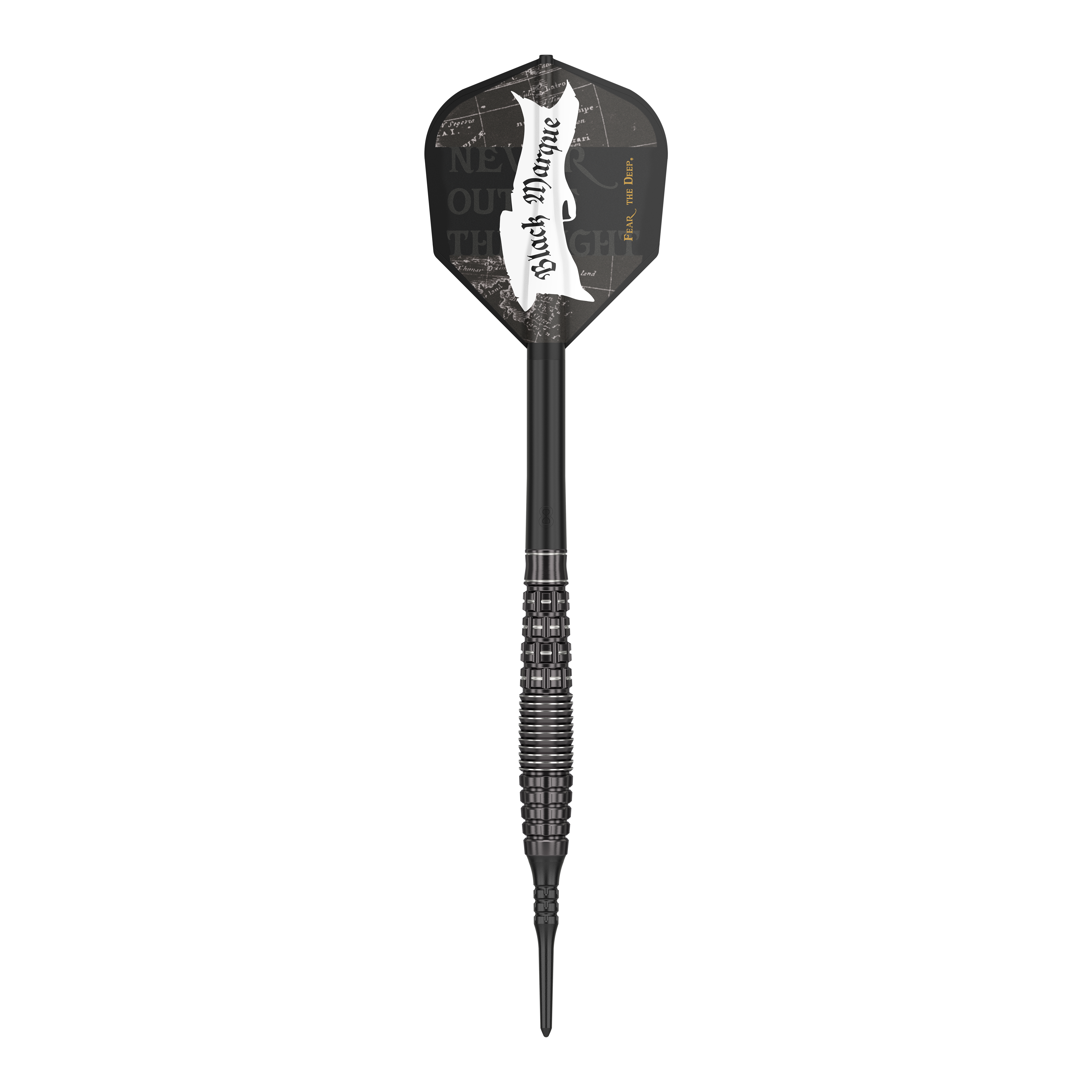 Target Japan Black Marque Phantom Soft Darts - 18g Das Bild zeigt einen schwarzen Softdart namens "Target Japan Black Marque Phantom Softdarts - 18g". Der Dart hat ein elegantes, schwarzes Design mit strukturiertem Griff und einer schwarzen Flight mit weißem Schriftzug.
