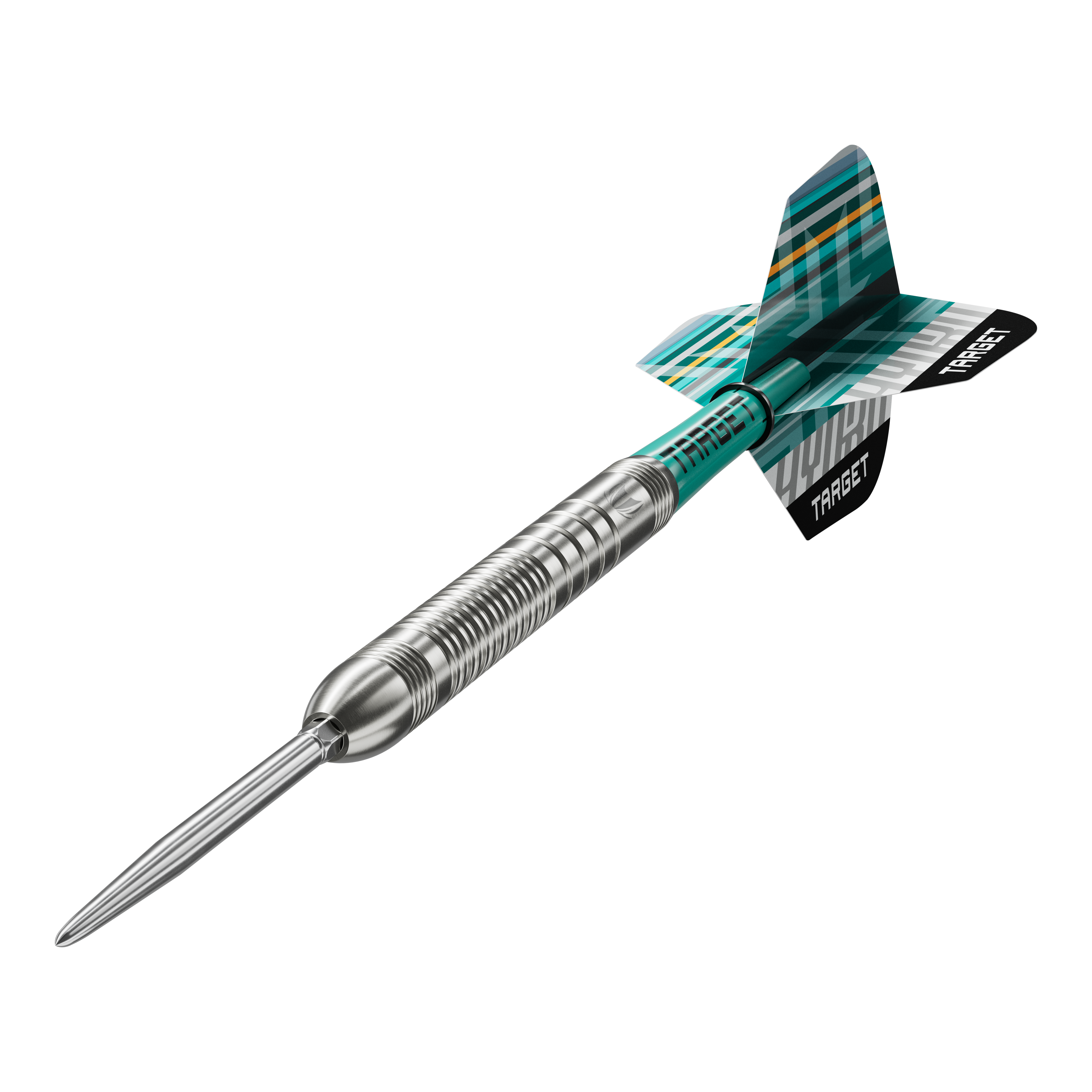 Die Target Hydro 03 Swiss Point Steeldarts sind auf dem Bild zu sehen. Die Nahaufnahme hebt die Details der Darts hervor.