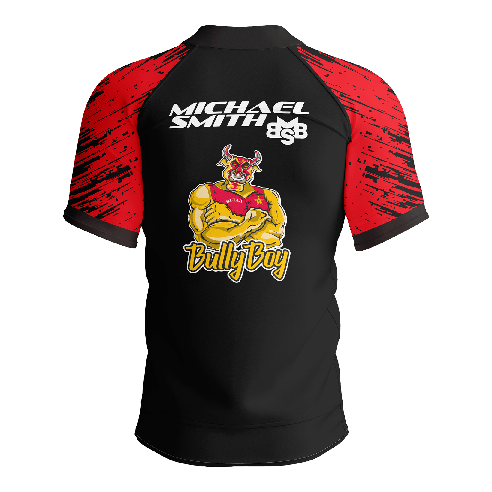 Shot Michael Smith Red Stripe Polo Dart Shirt Das Bild zeigt das Shot Michael Smith Red Strip Polo Dartshirt. Dieses Dartshirt ist speziell für Fans von Michael Smith entworfen.
