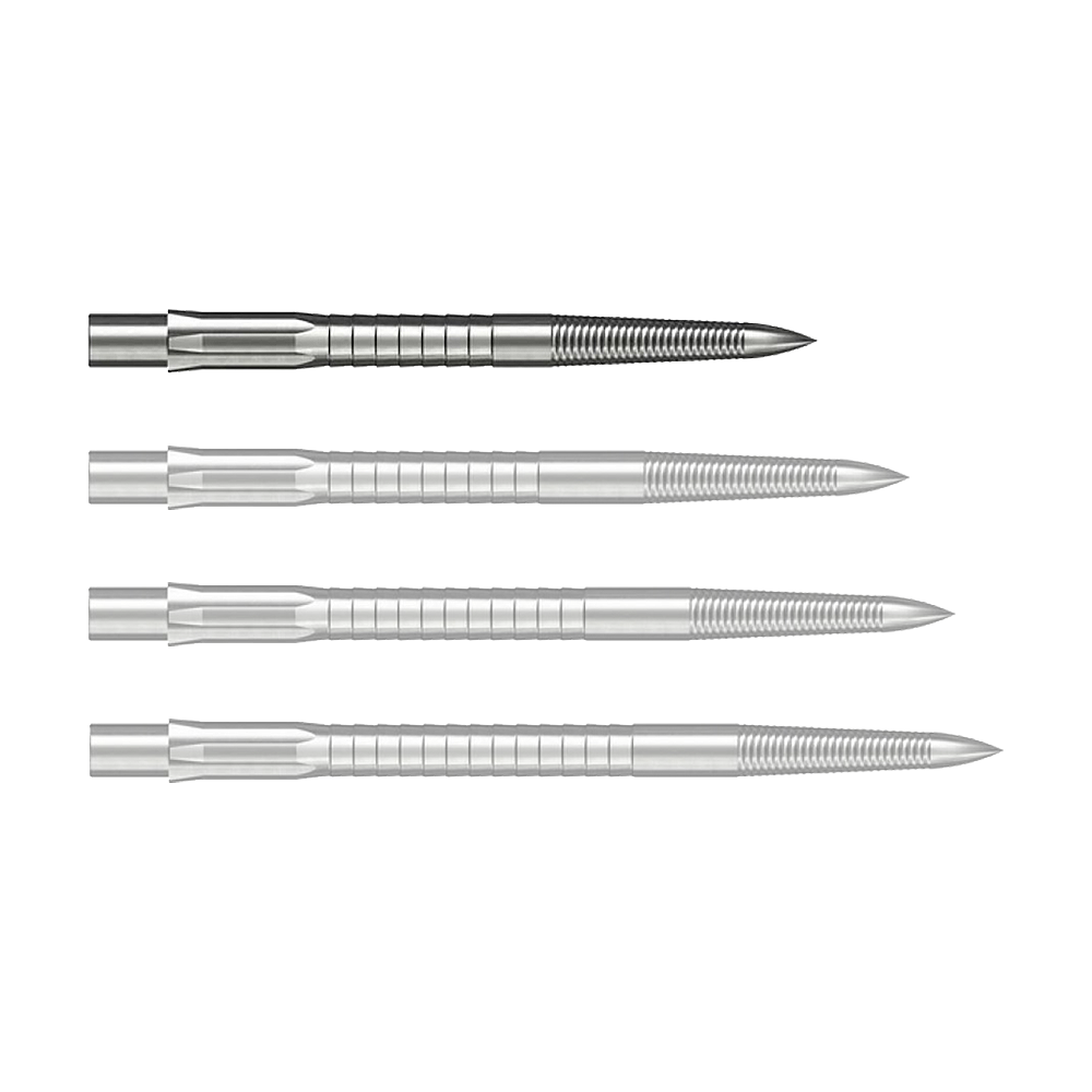 Abgebildet ist eine silberne Caliburn Evo System Steeldartspitze Micro Grip mit 28 mm Länge. Die Spitze liegt deutlich sichtbar auf einem hellen Hintergrund.