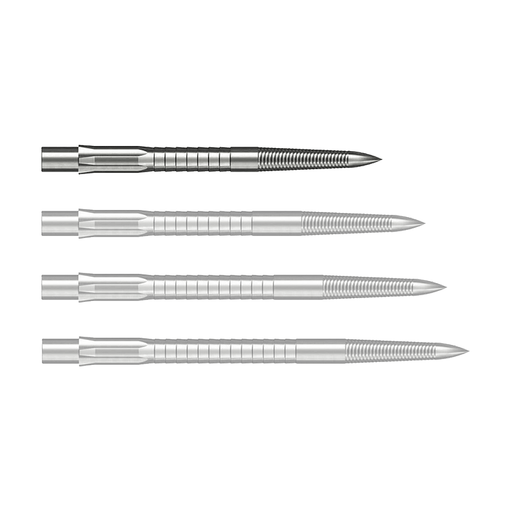 Caliburn System Steel Dart Tips - Micro Grip - Silver Abgebildet ist eine silberne Caliburn Evo System Steeldartspitze Micro Grip mit 28 mm Länge. Die Spitze liegt deutlich sichtbar auf einem hellen Hintergrund.