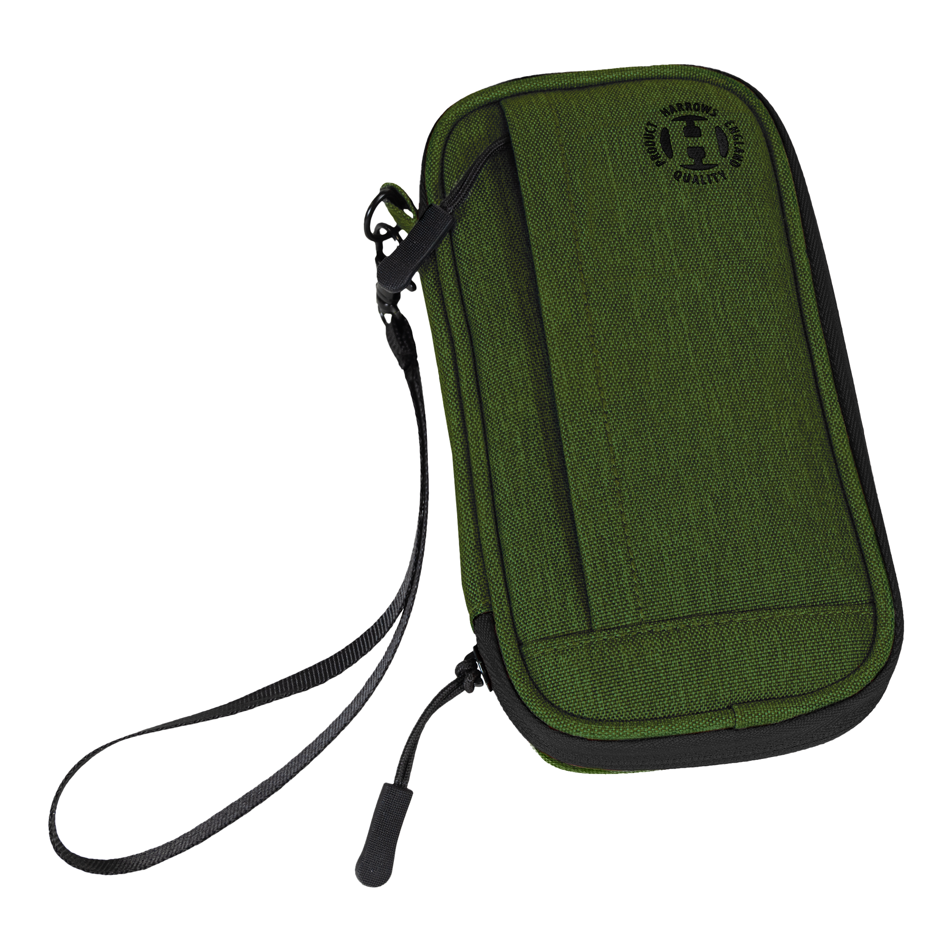 Harrows Smart Case Dartwallet Dies ist ein grünes Dart-Etui mit einem schwarzen Reißverschluss und einer Handschlaufe. Auf der Vorderseite befindet sich ein rundes Logo mit der Aufschrift "Harrows Quality".