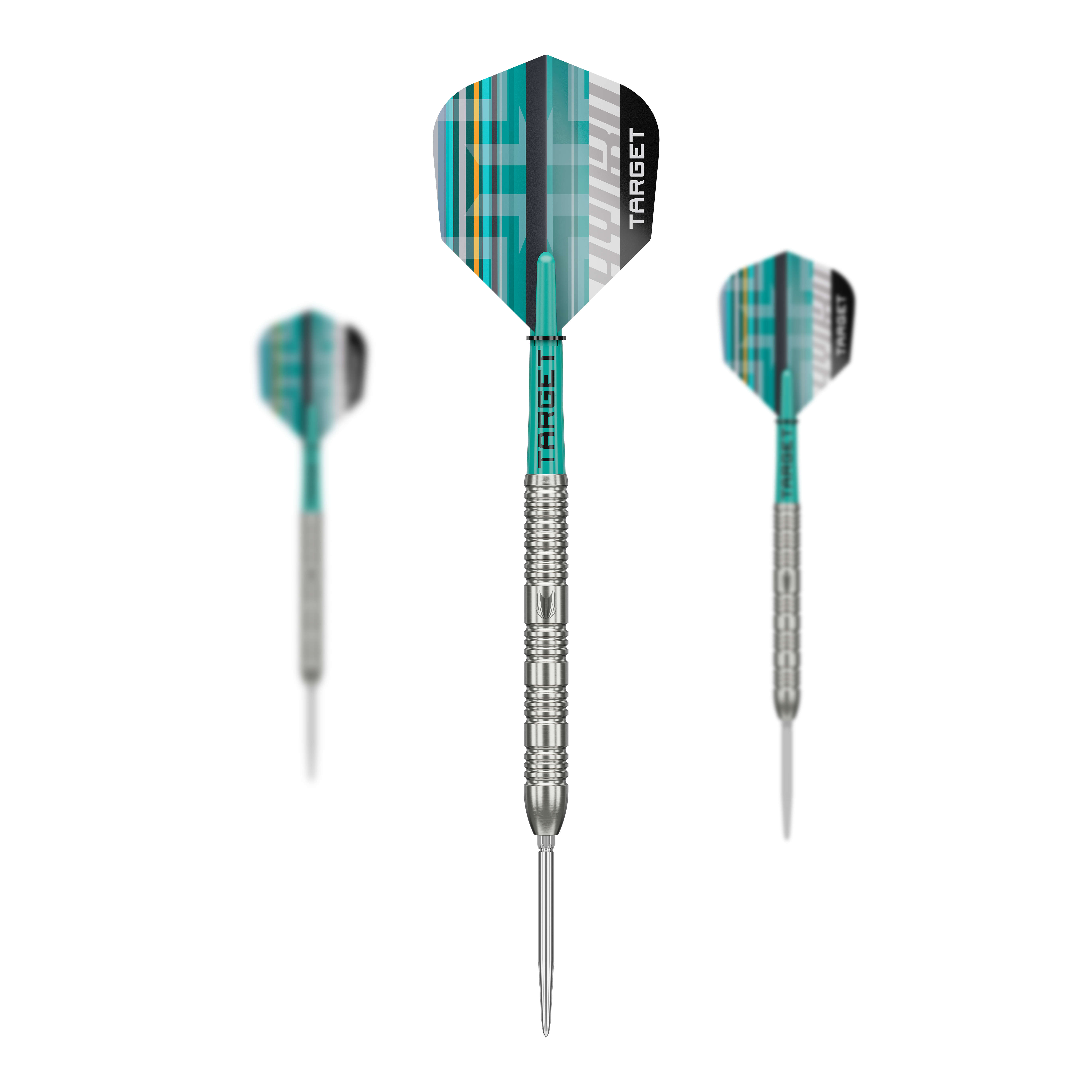 Target Hydro 02 Swiss Point steel darts Das Foto zeigt ein Set der Target Hydro 02 Swiss Point Steeldarts. Die verschiedenen Teile des Sets sind gut erkennbar.